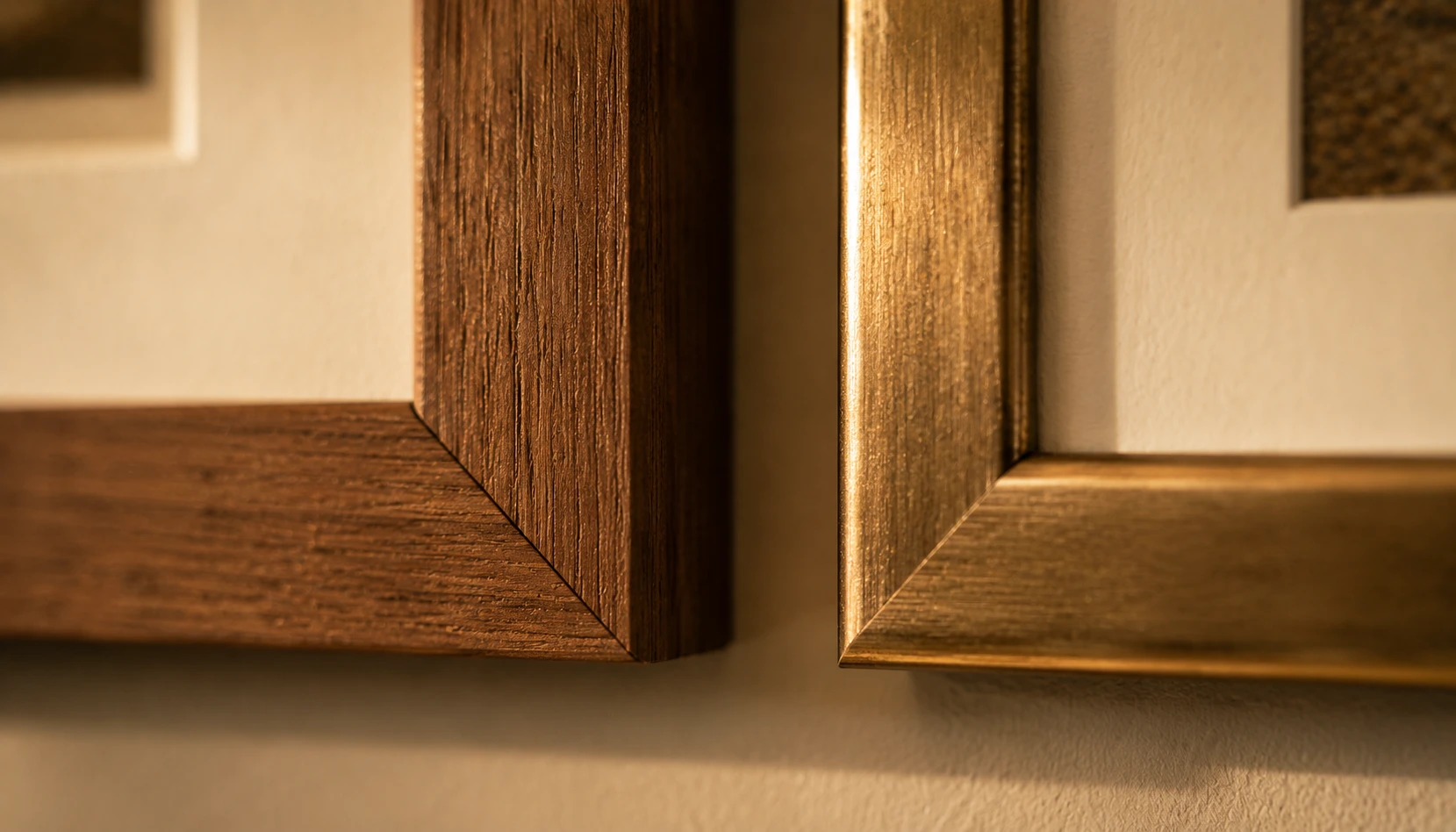 Coordinated warm wood and brass frame finishes in a corner gallery wall