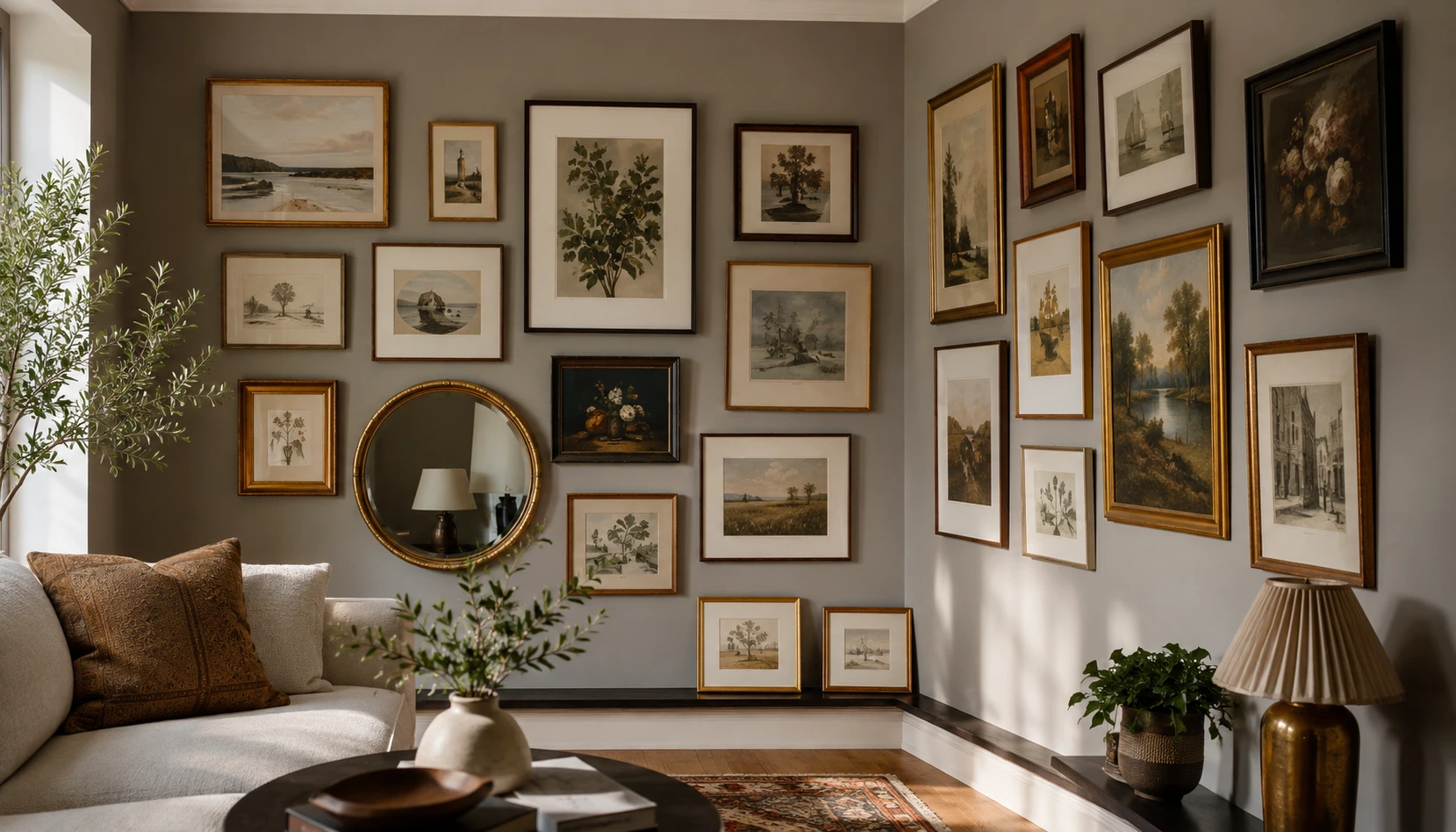 Gallery wall of mixed frames styled around an awkward room corner with warm natural light