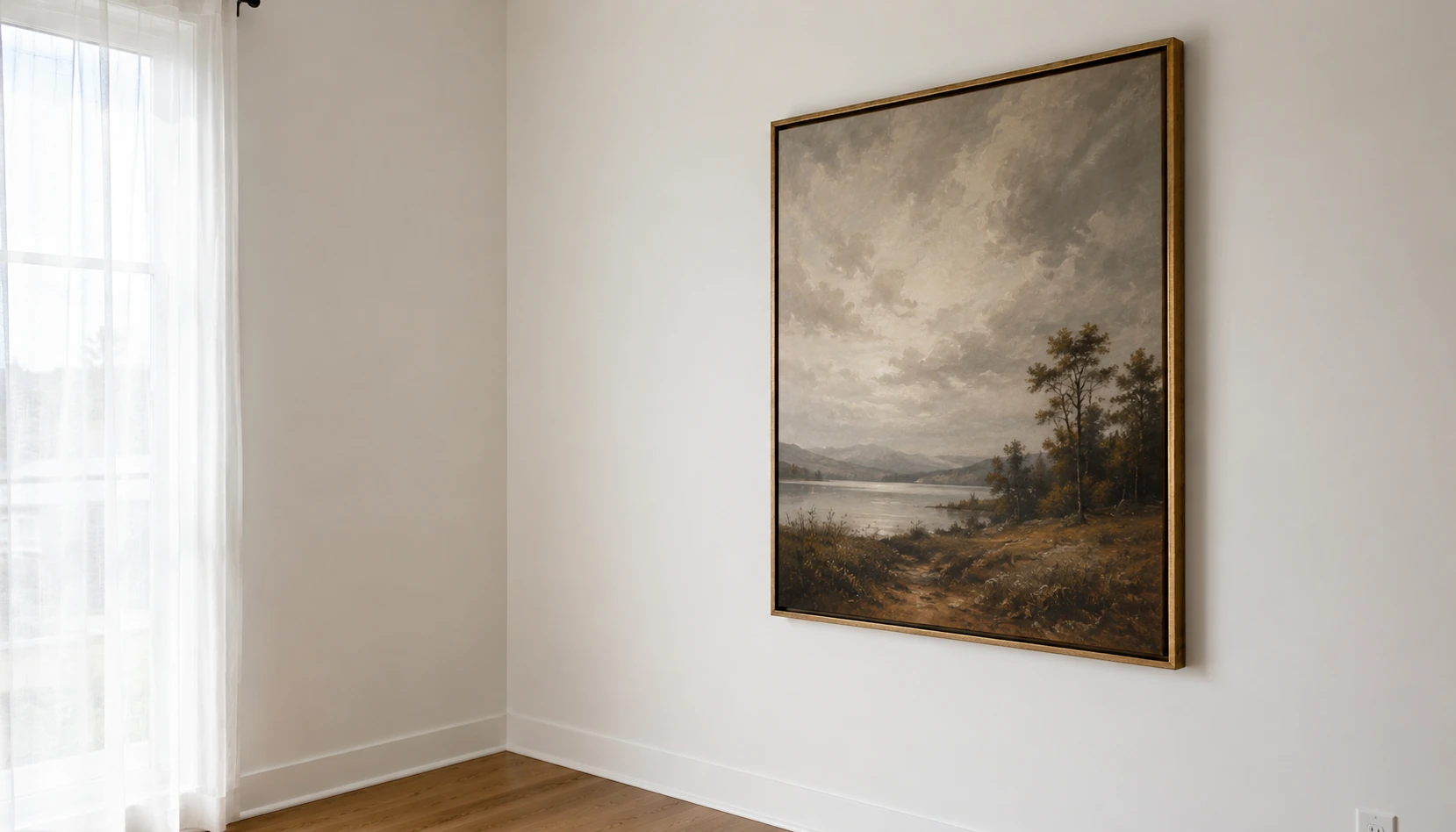 Large framed piece anchoring the start of a corner gallery wall arrangement