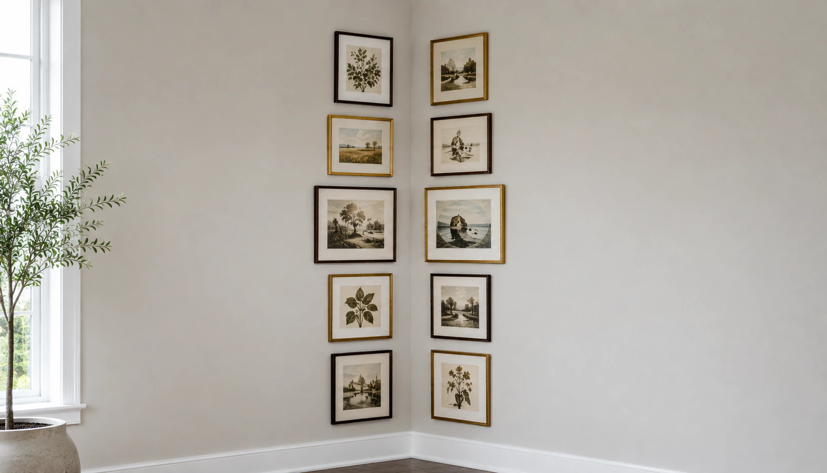 Vertical column layout of frames climbing a corner wall arrangement