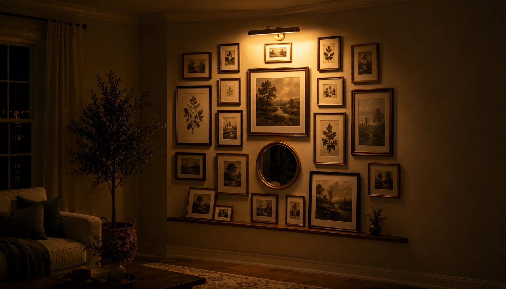 Small picture light illuminating a corner gallery wall arrangement with warm light