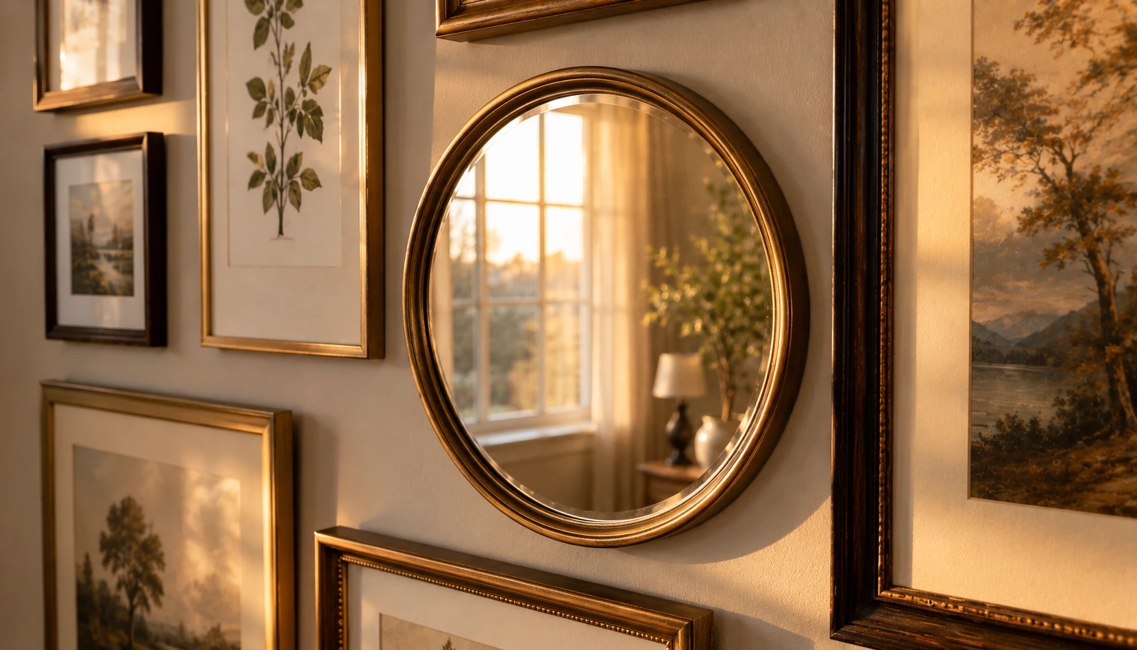 Round mirror integrated into a corner gallery wall reflecting natural light