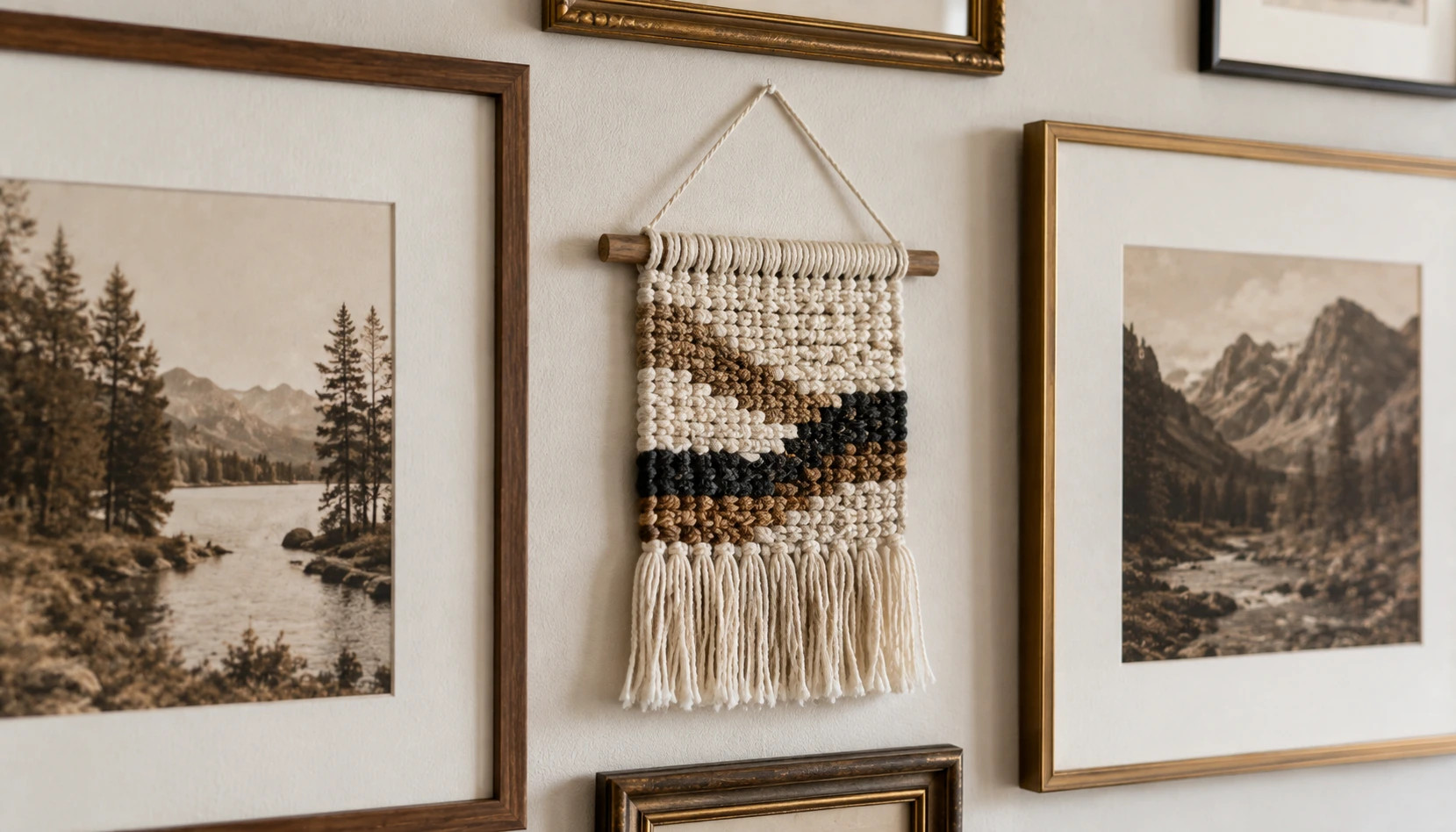 Corner gallery wall mixing framed art, photographs, and a small hanging object