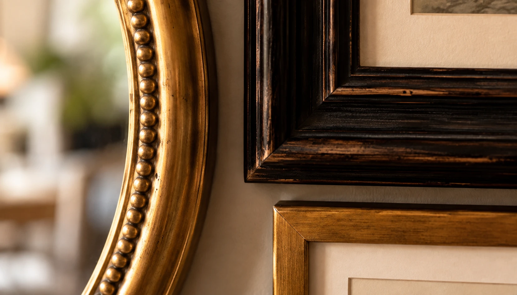Mixed frame sizes and shapes including round and rectangular frames in a corner gallery arrangement