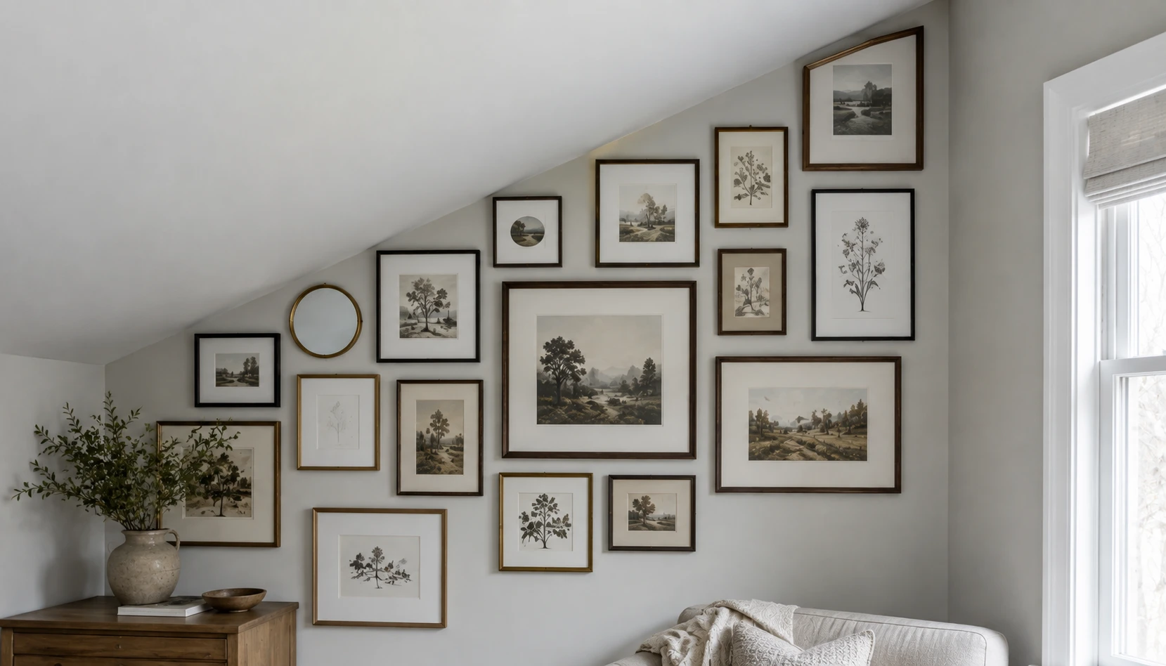 Gallery wall corner arrangement adapted to a slanted ceiling angle