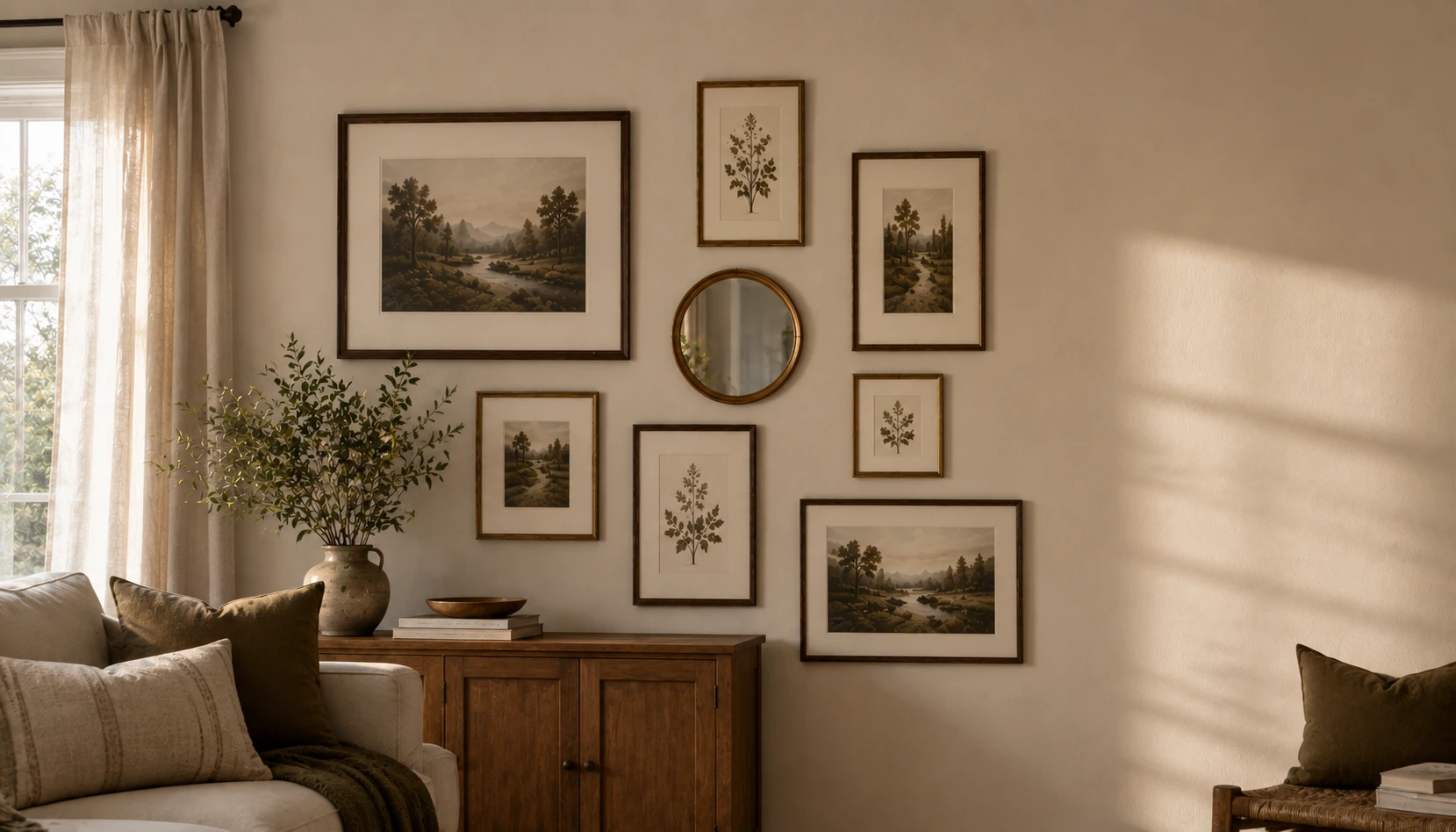 Corner gallery wall with intentional empty space left for future additions
