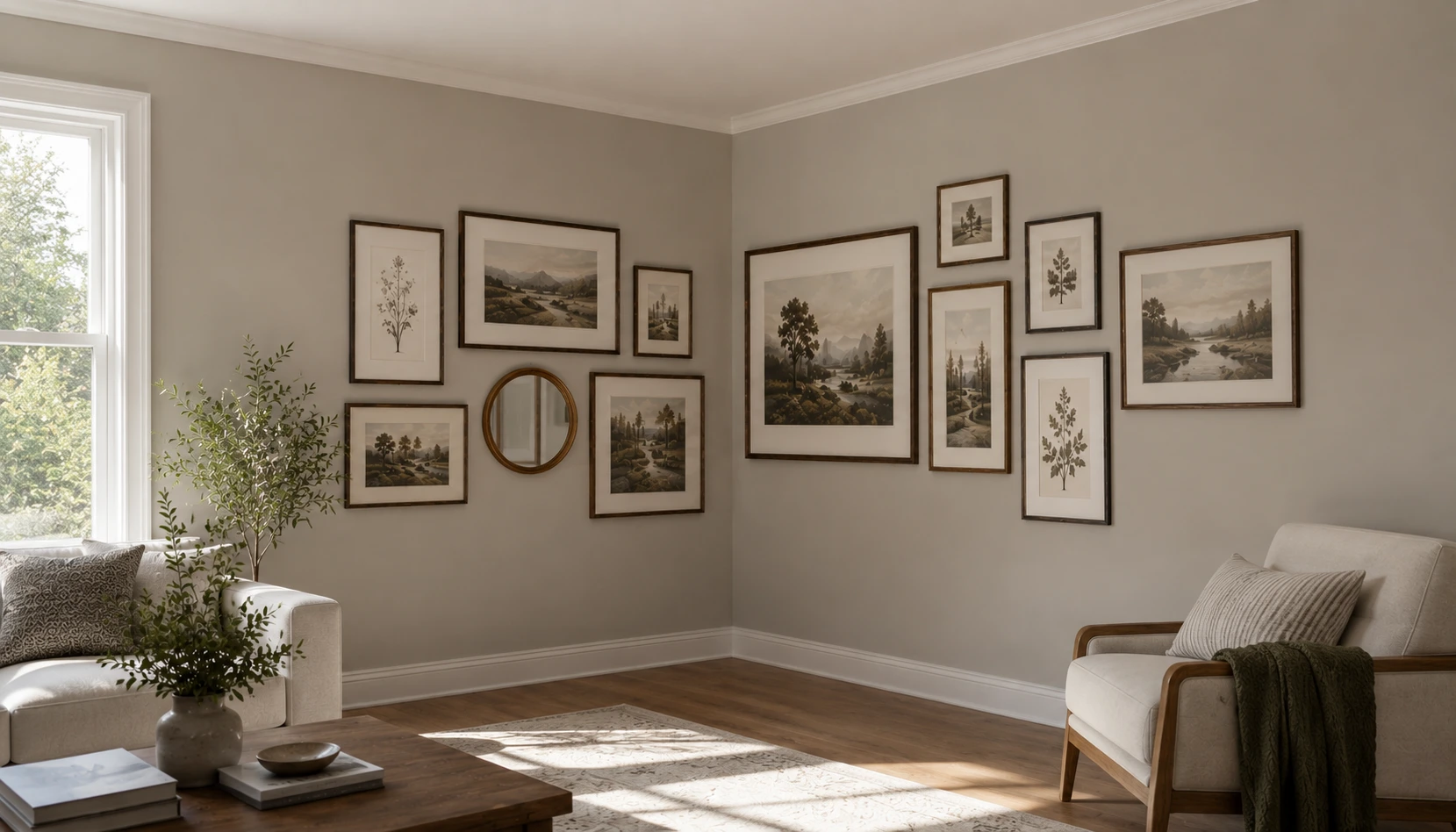 Deep room corner styled with a fuller gallery wall arrangement wrapping both walls