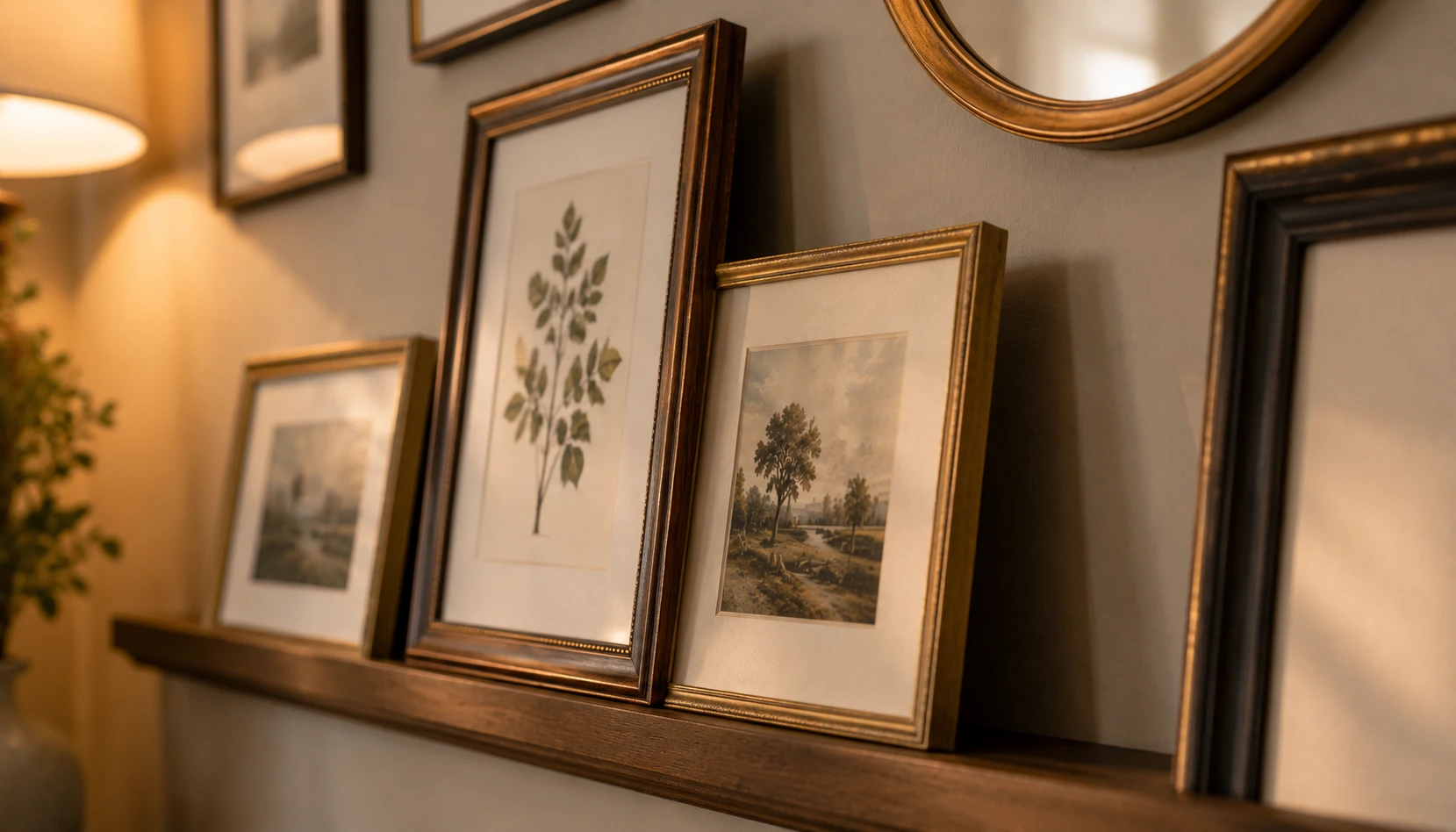 Narrow picture ledge shelf holding leaning frames in a corner gallery arrangement