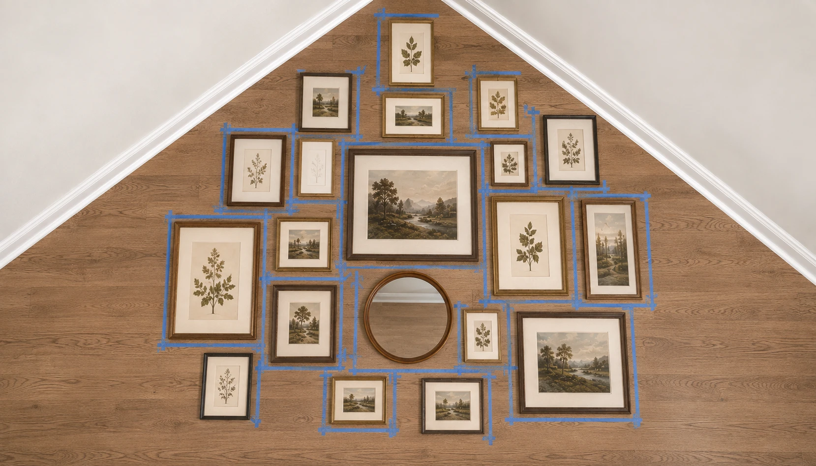 Frames laid out on the floor to test a corner gallery wall arrangement before hanging