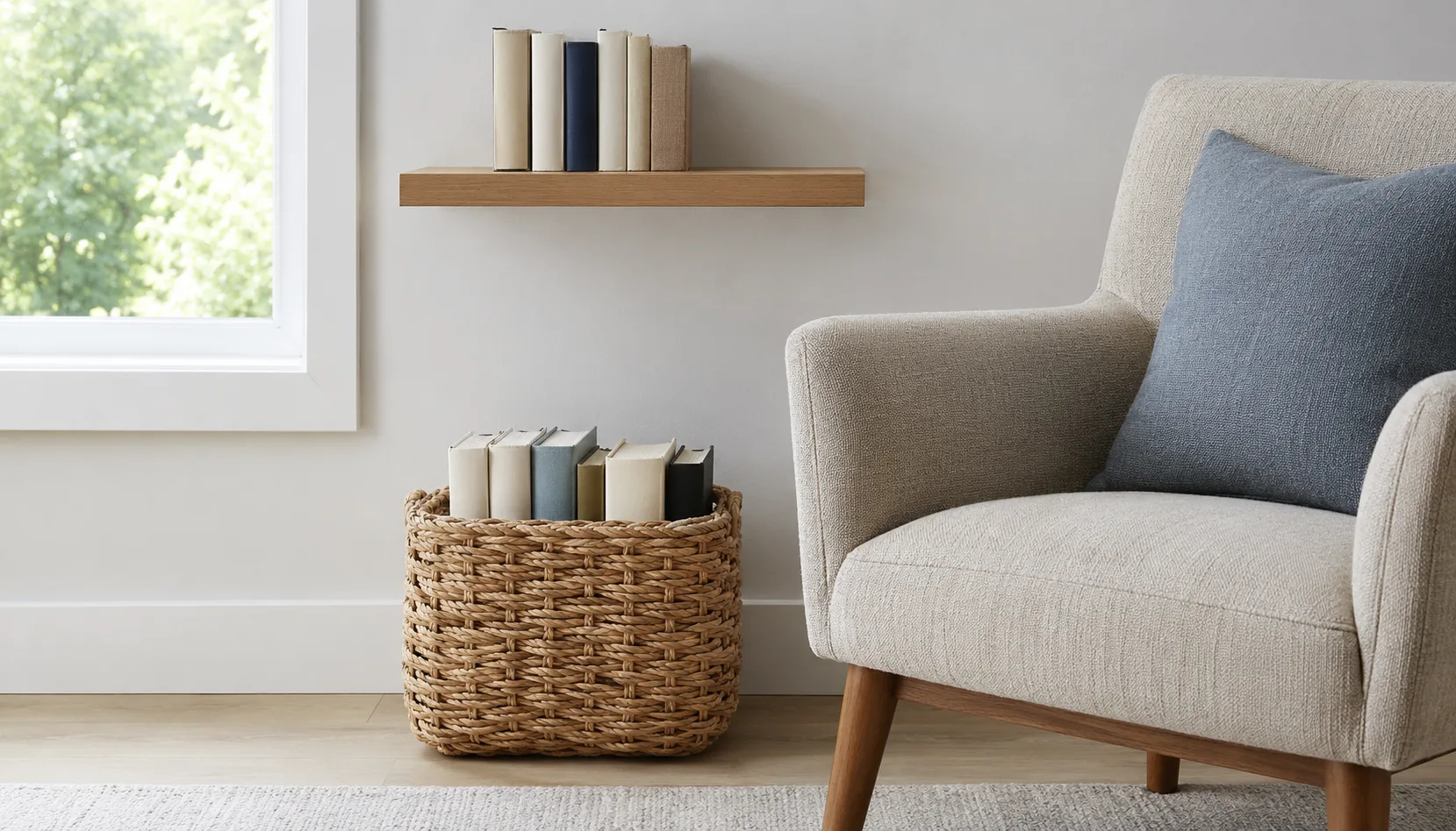 Small stack of books and a woven basket beside a reading nook chair used for book storage