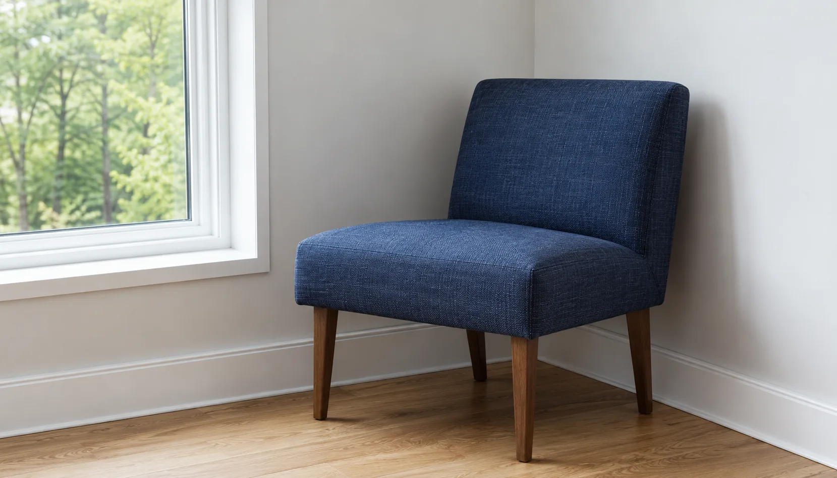 Slim armless accent chair sized correctly for a small reading nook footprint