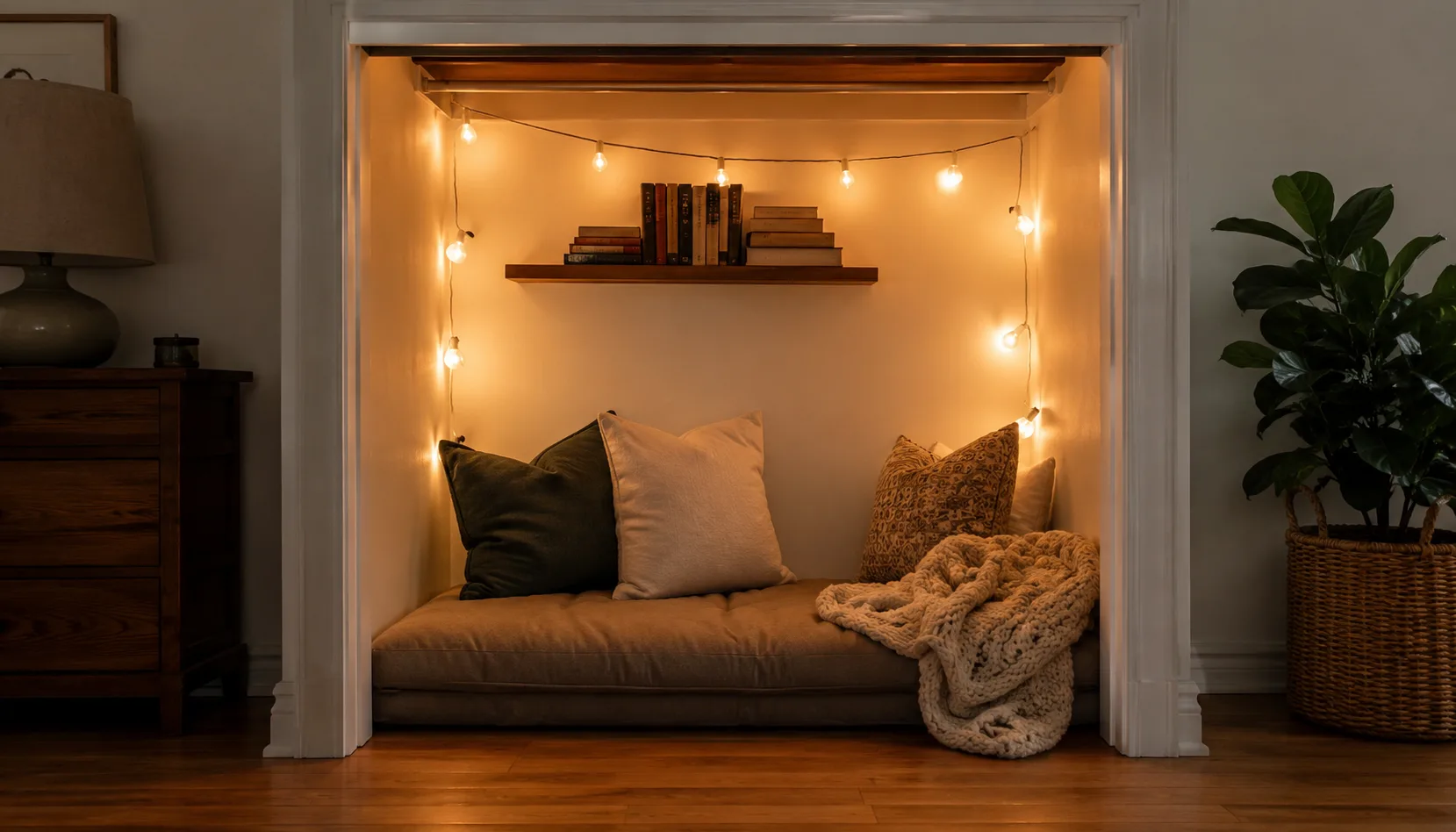 Small closet converted into a reading nook with a cushioned bench seat and warm string lights
