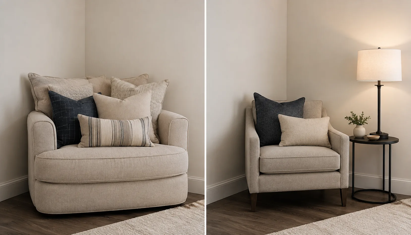 Split scene comparing a poorly planned reading nook mistake against a correctly styled small reading nook