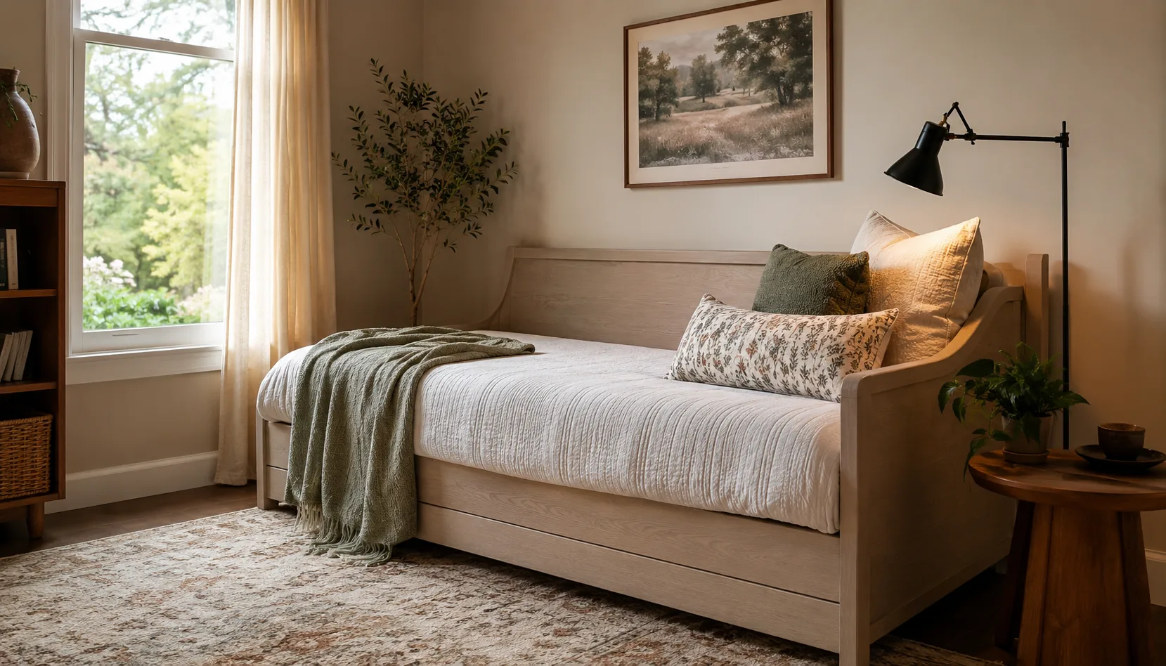 Small daybed styled as a reading nook against a wall with layered pillows and a reading lamp