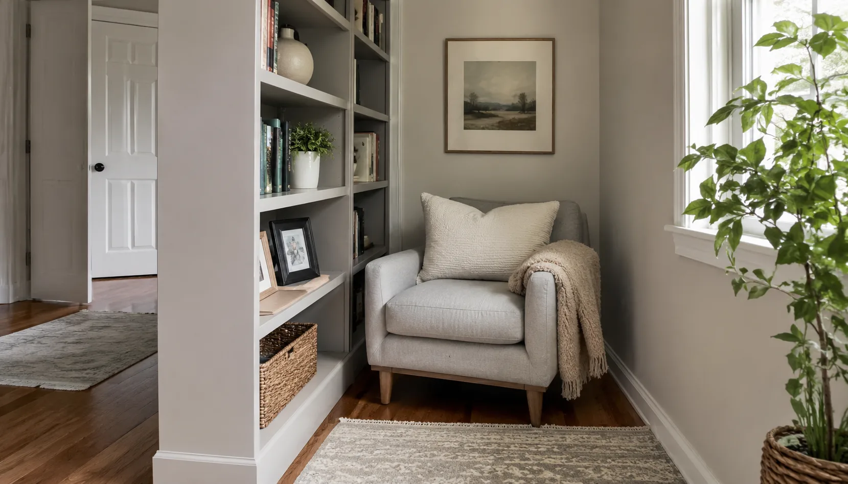 Bookshelf and chair arranged to create the feeling of a built-in reading nook without construction