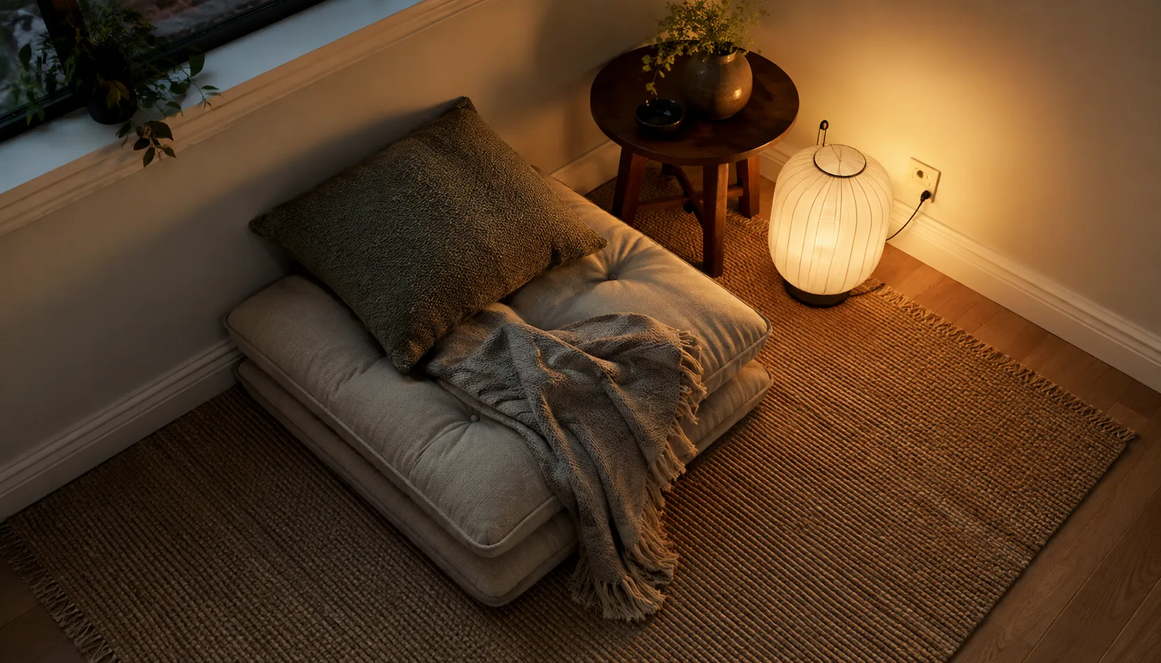 Floor cushion reading nook in a small corner with a low side table and warm floor lamp