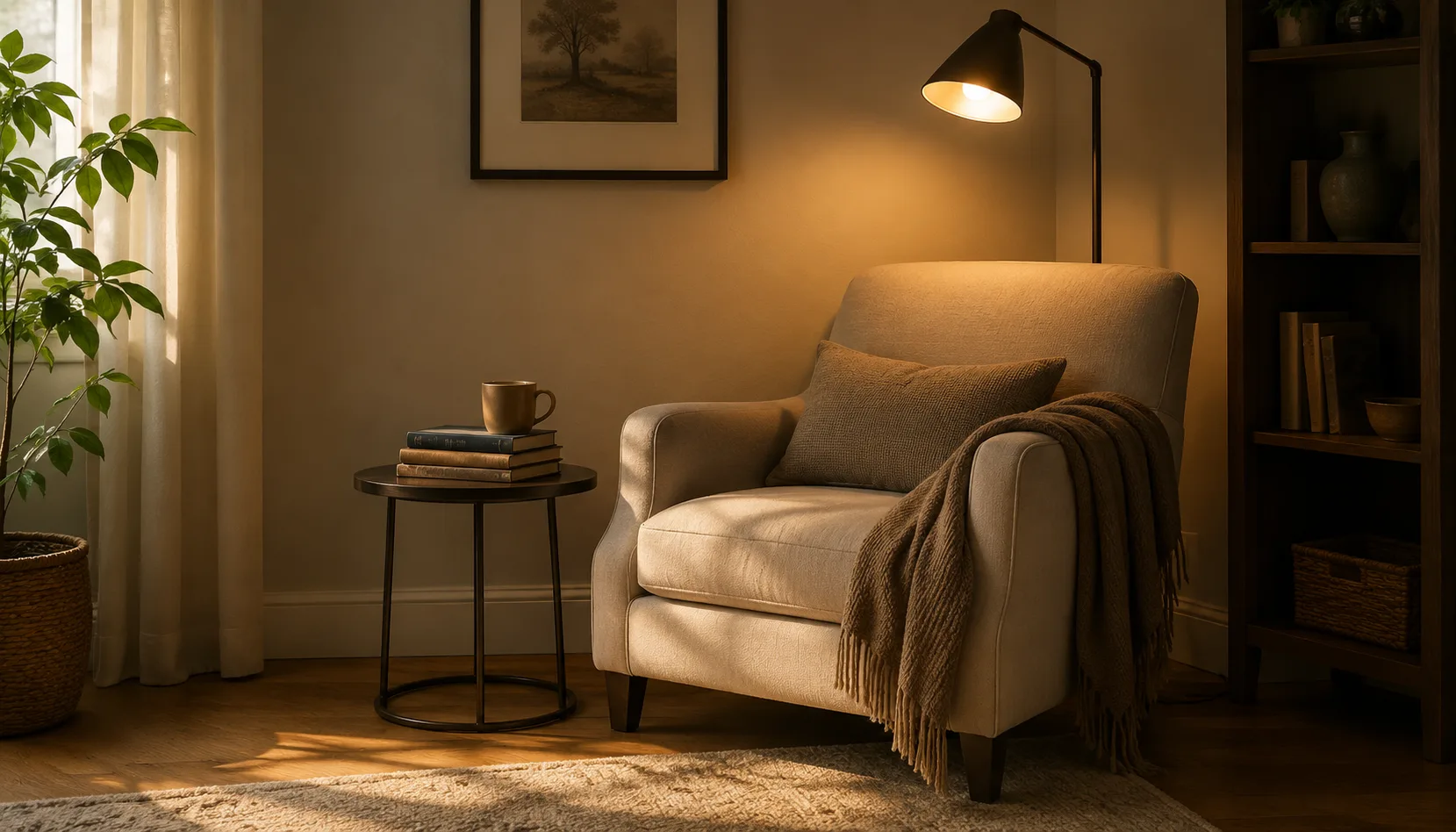 Small reading nook in an apartment corner with a single accent chair, warm lamp light, and a stack of books on a side table
