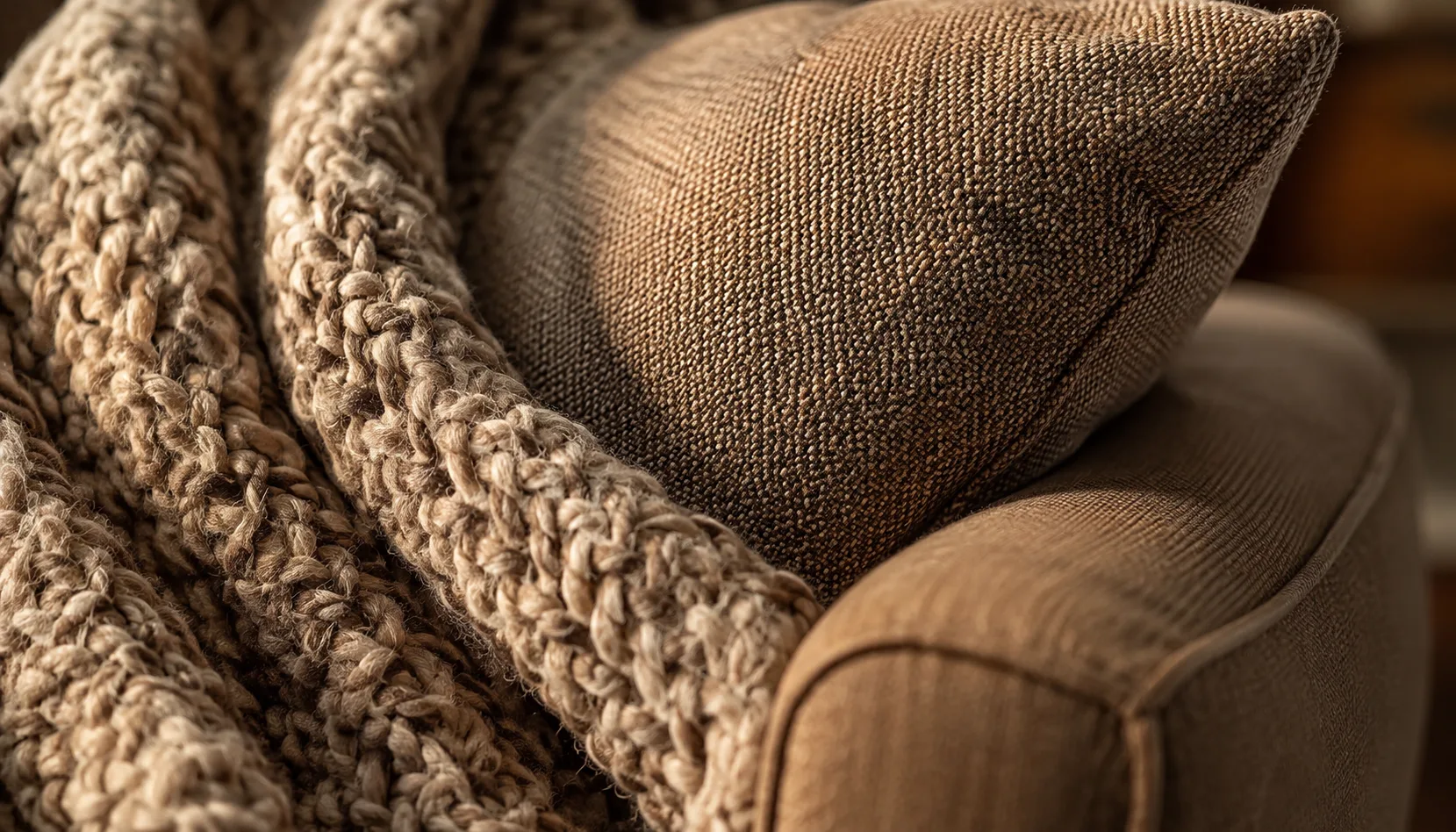 Layered throw blanket and pillow textures on a reading nook chair