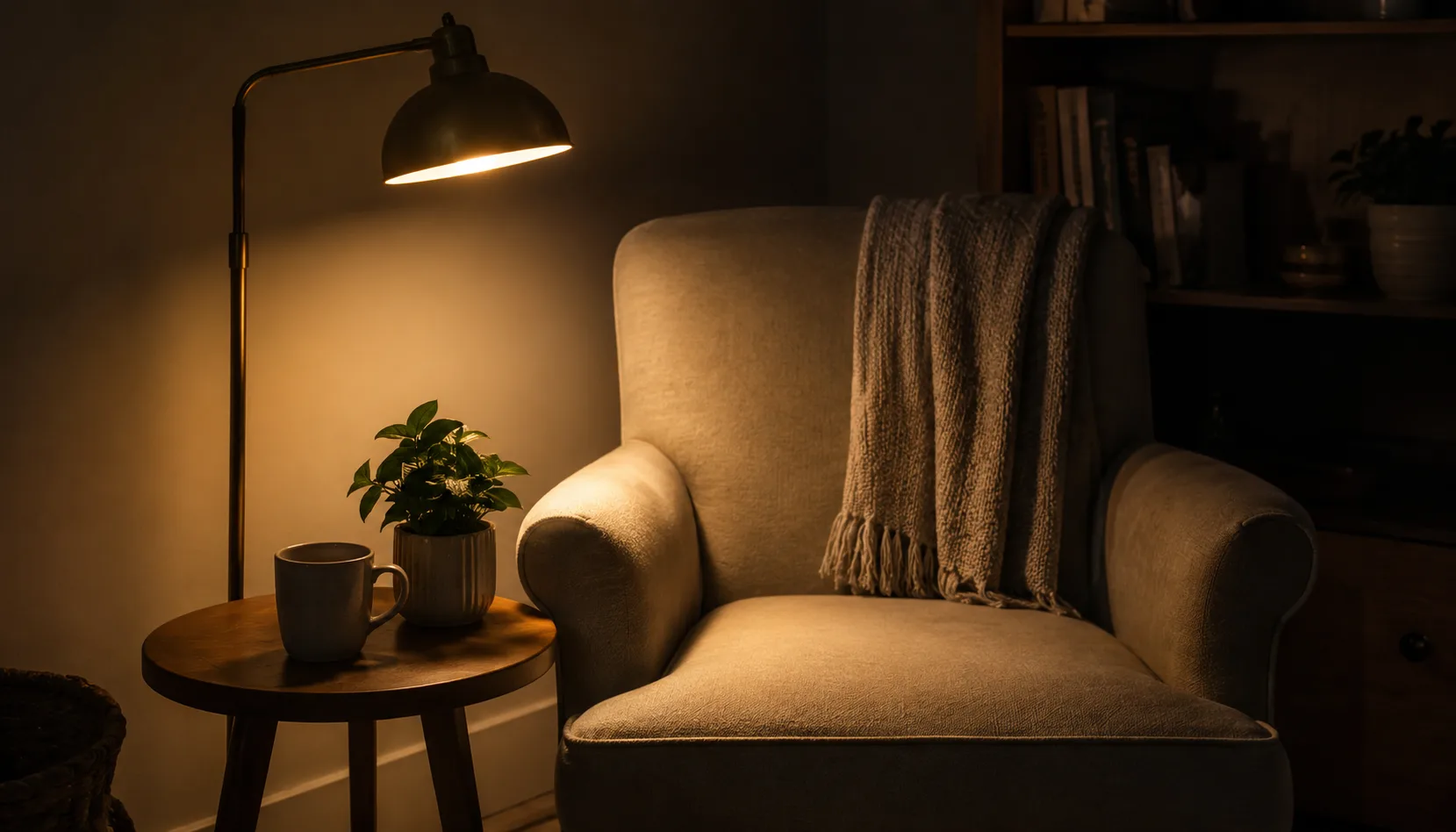 Reading nook chair with a dedicated warm floor lamp providing focused light for reading
