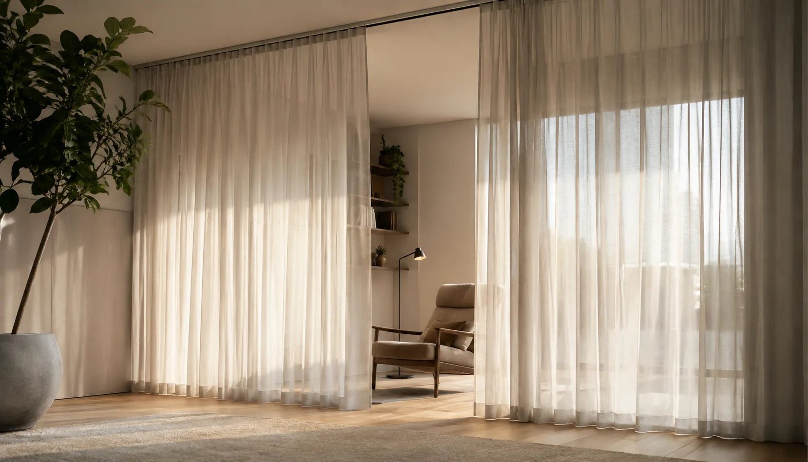 Sheer curtain creating a soft privacy boundary around a small reading nook