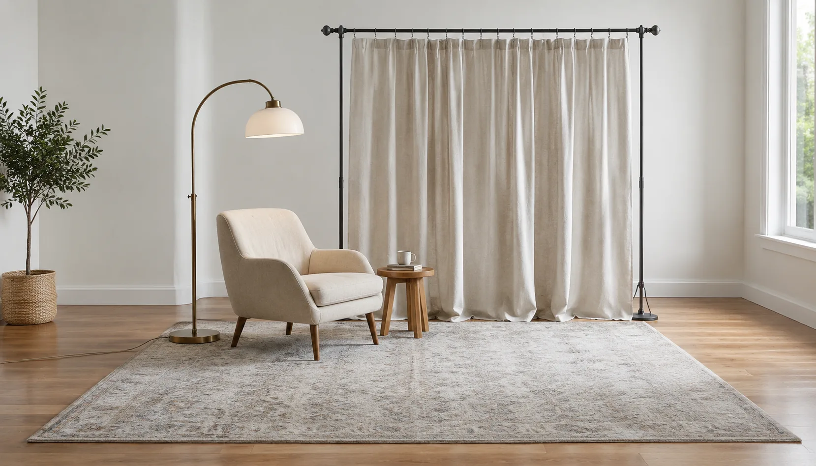 Reading nook built entirely from furniture and lighting with no wall-mounted or permanent elements