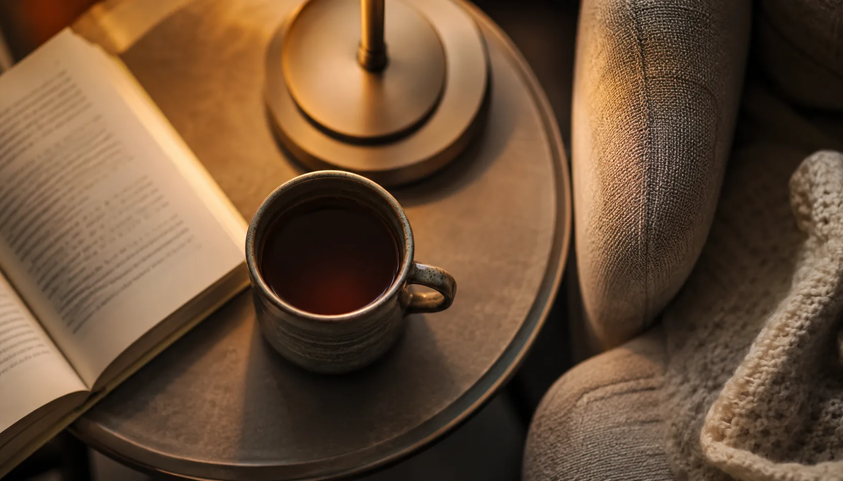 Small round side table beside a reading chair holding a cup, a book, and a small lamp