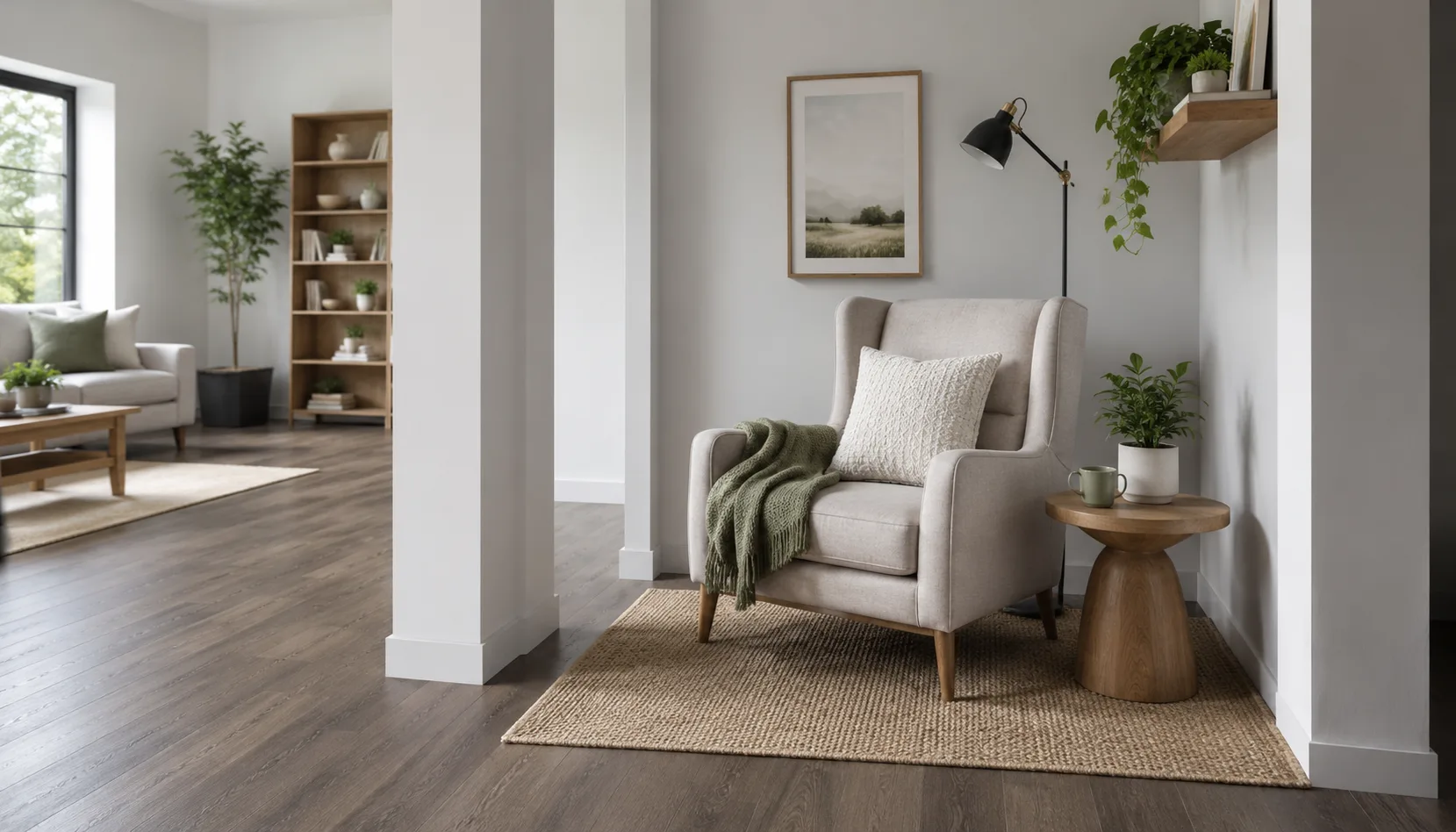 Small reading nook corner with an accent chair and warm lamp light in an otherwise open room