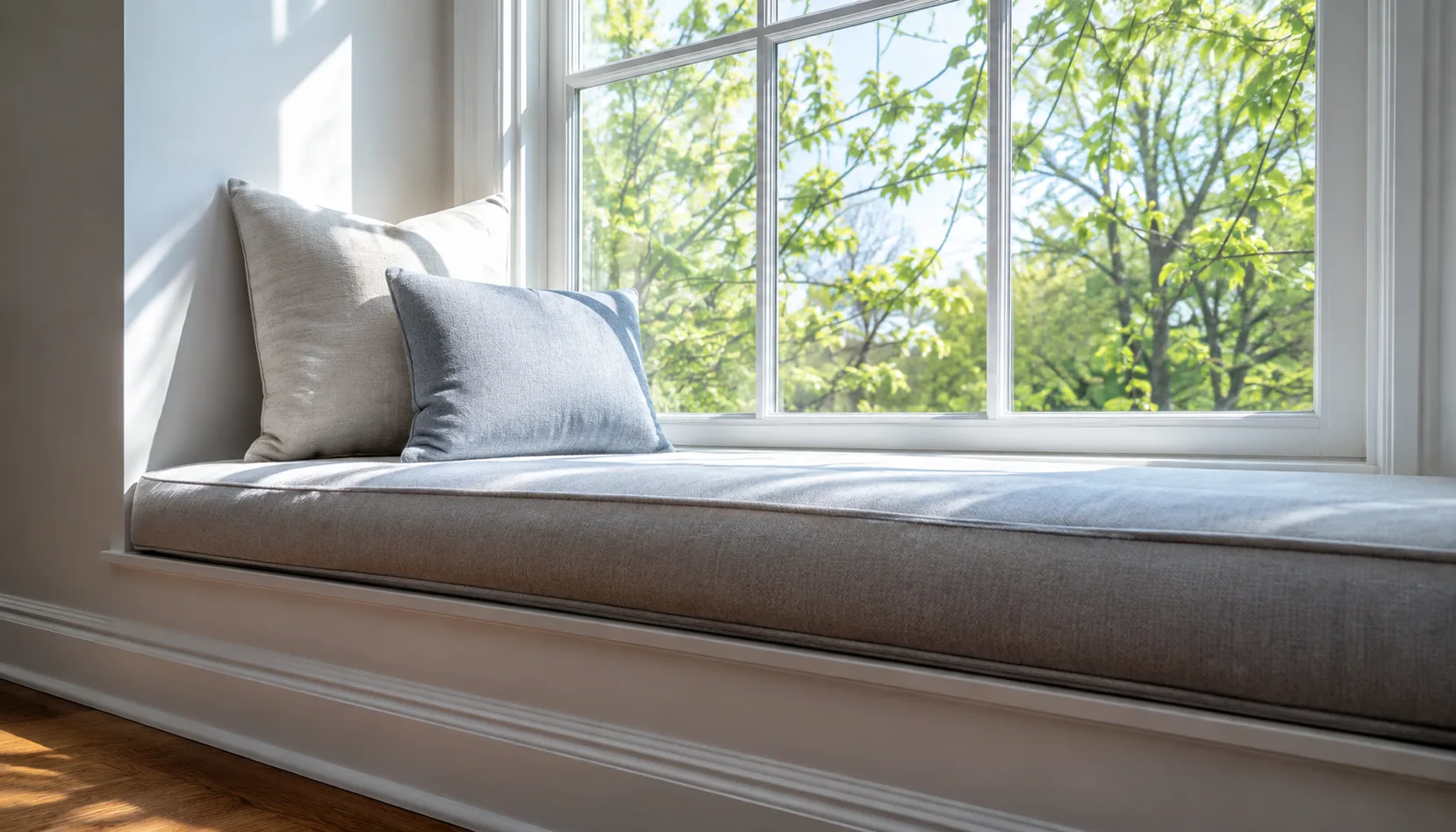 Deep windowsill converted into a cushioned reading seat with pillows and natural light