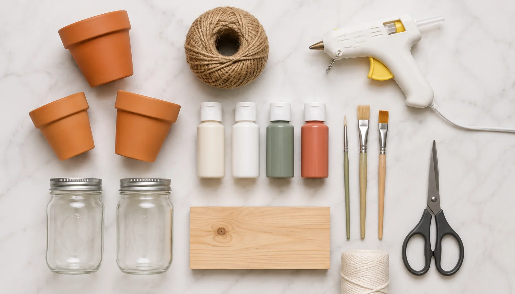 Flat lay of budget DIY craft materials including rope, paint, mason jars and wood
