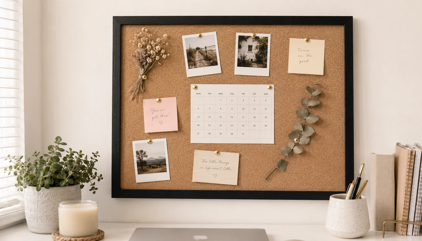 Styled cork board with fabric border and decorative pins on a home office wall