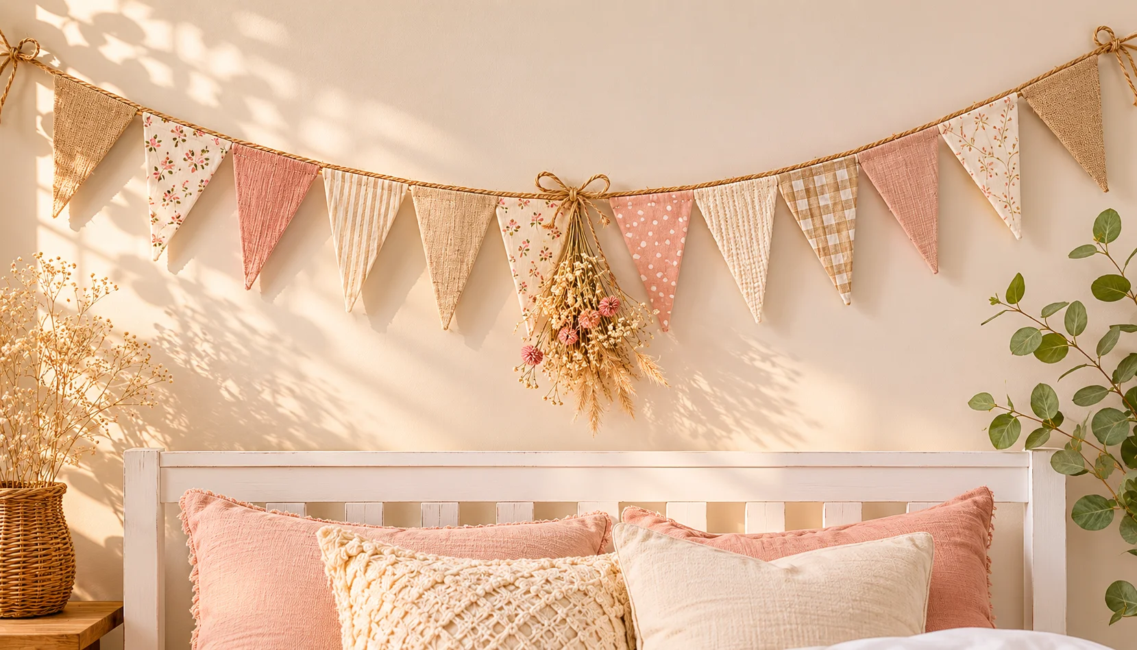 Handmade fabric triangle banner in neutral boho tones hanging on a wall