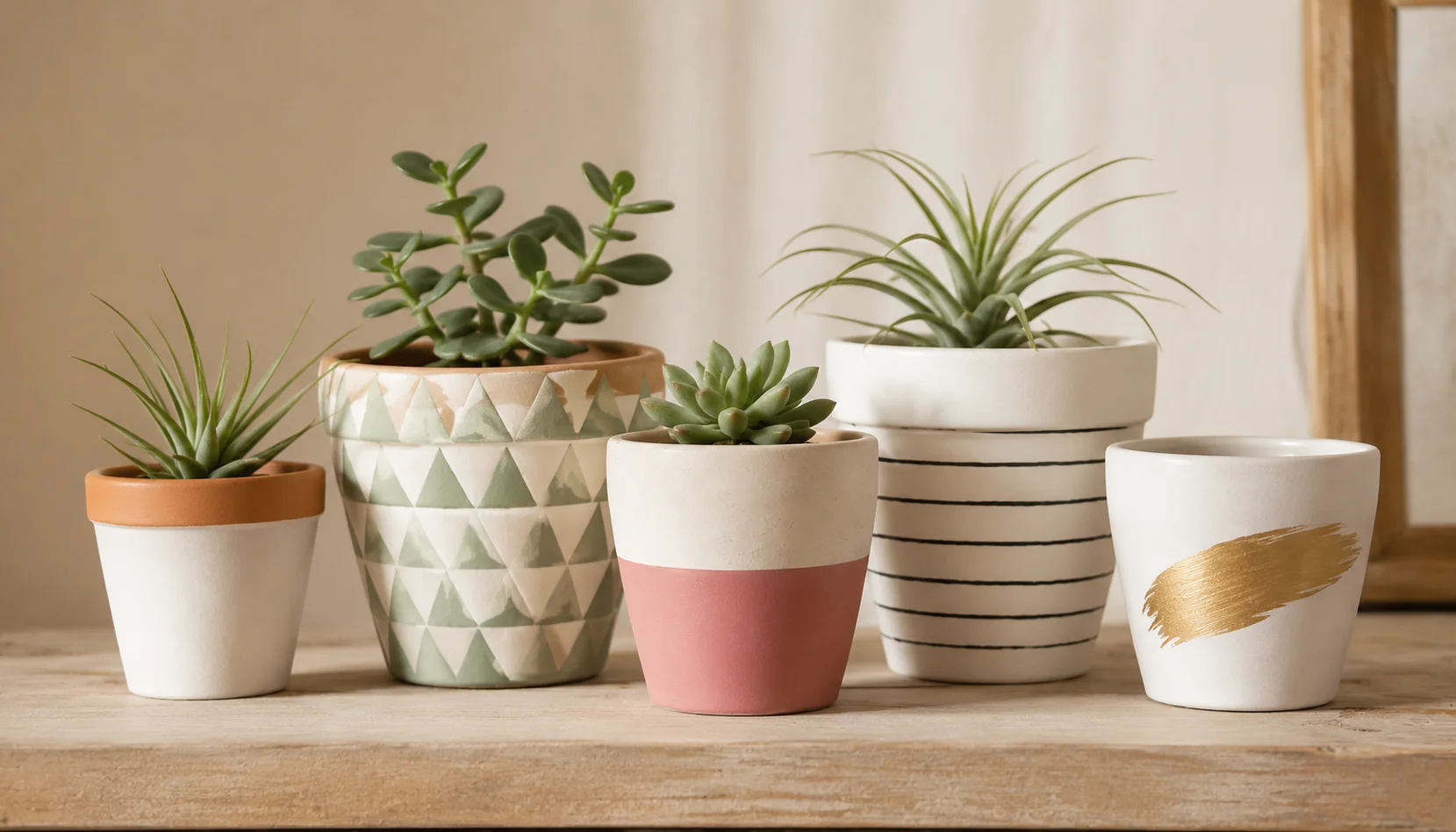 Beautifully painted terracotta pots in white, blush and sage green on a shelf