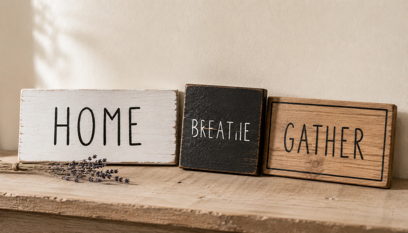 Hand painted wooden signs with simple words leaning against a wall in neutral tones
