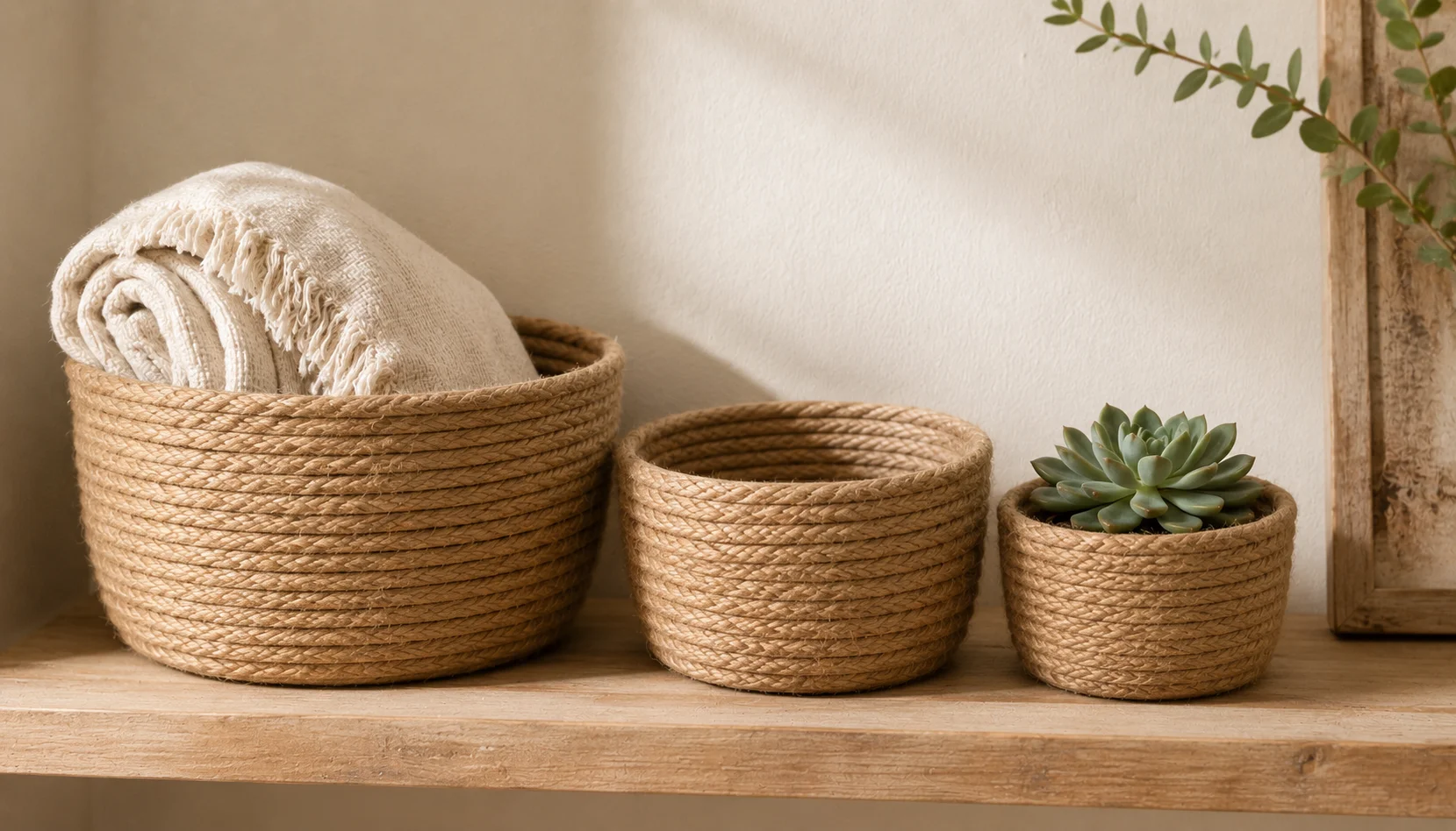 Handmade rope coil baskets in natural jute in different sizes on a shelf