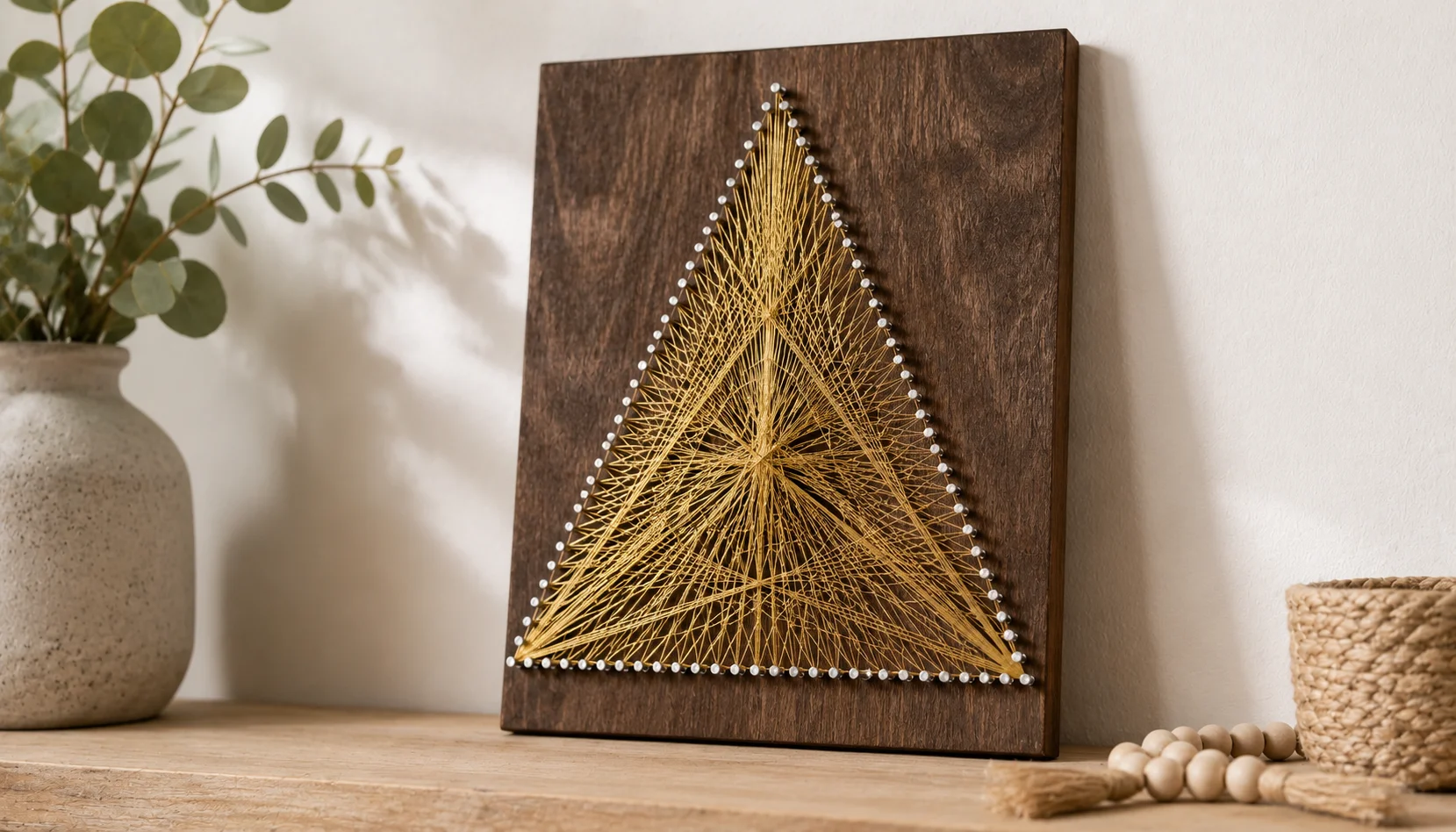 Geometric string art on a dark wooden board with gold thread on a white wall