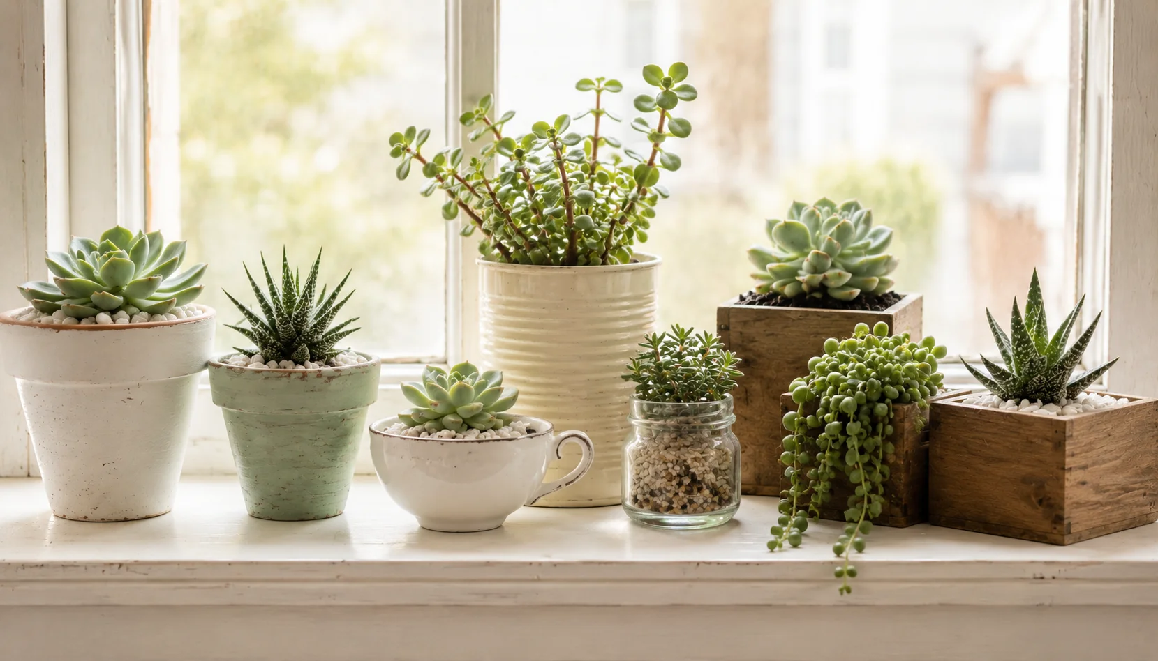 Creative DIY succulent planters in painted pots and unexpected containers on a windowsill