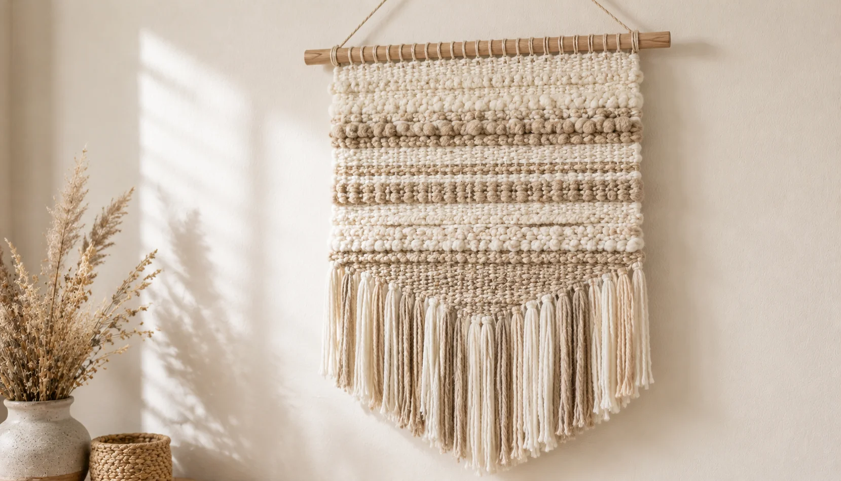 Simple handmade woven wall hanging in cream and natural tones hanging on a white wall