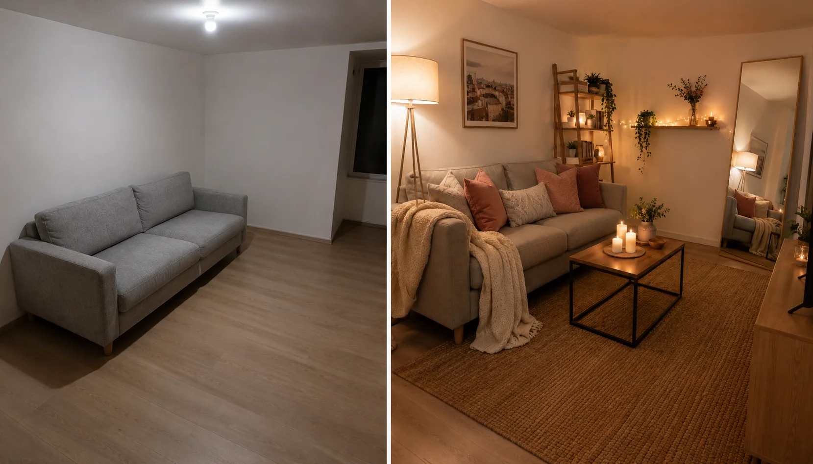 Before and after small renter living room transformation under $200