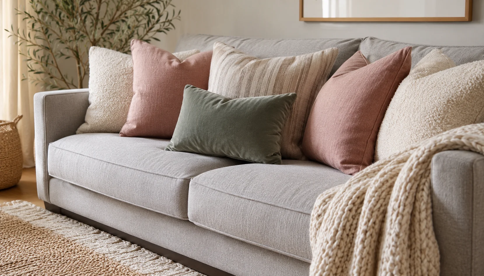 Neutral rental living room transformed with colorful textiles cushions and throws