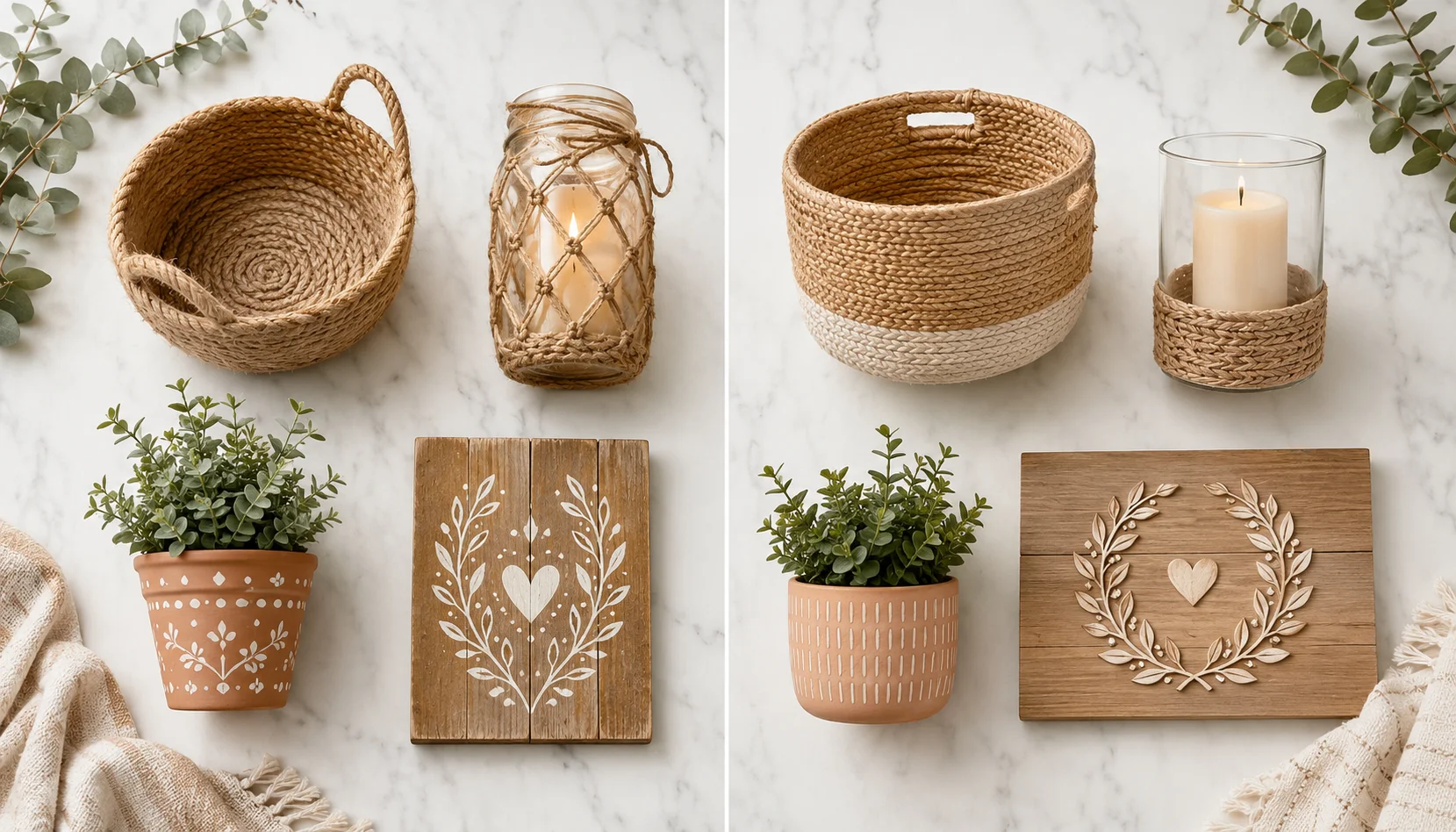 Side by side comparison of DIY home decor items versus store bought versions