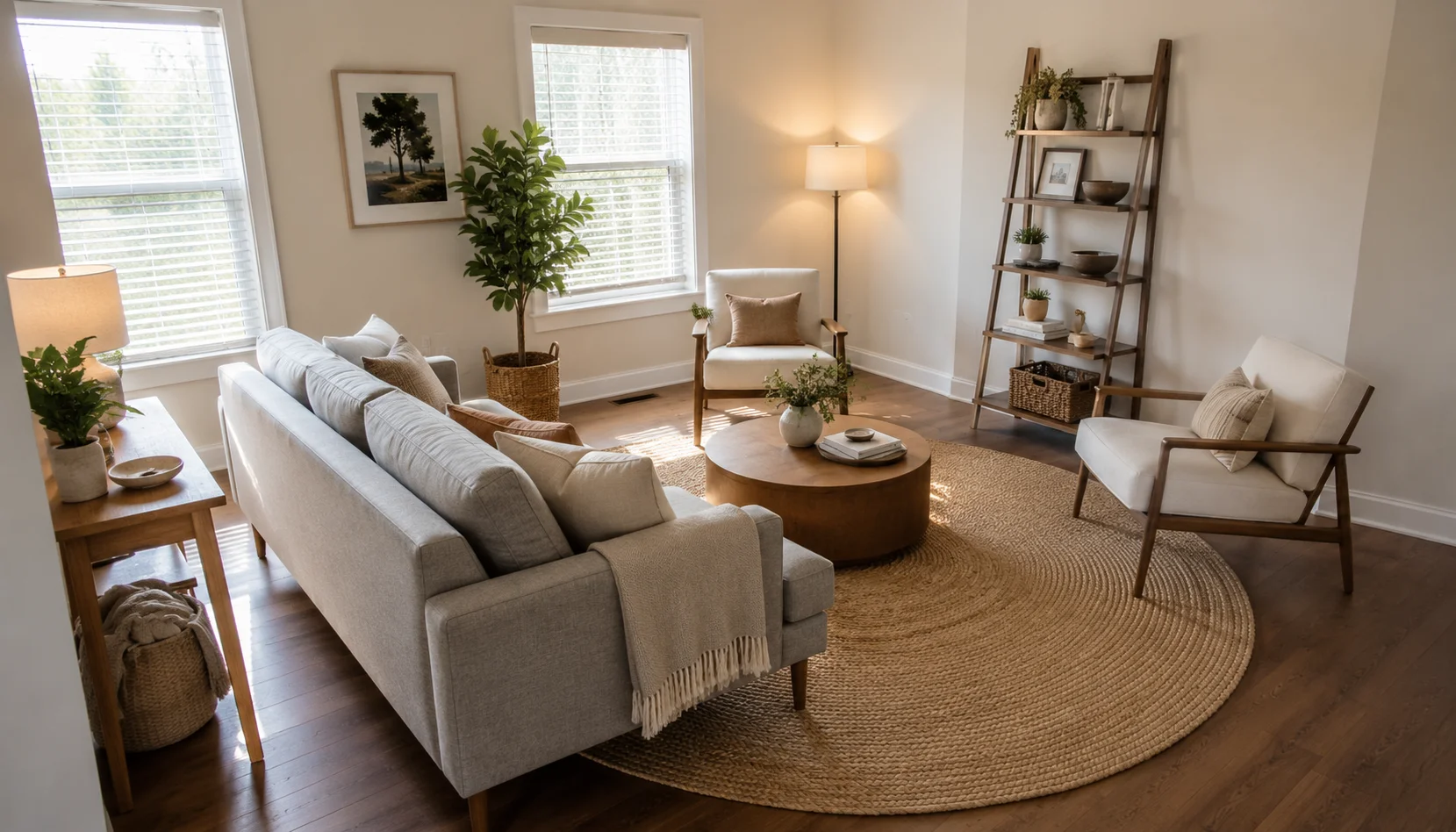Smart furniture arrangement for small renter living room creating zones and flow