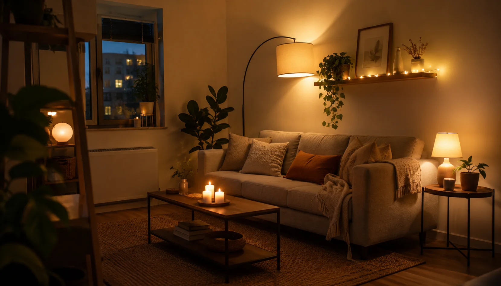Layered rental lighting with floor lamp table lamp and fairy lights creating warm atmosphere
