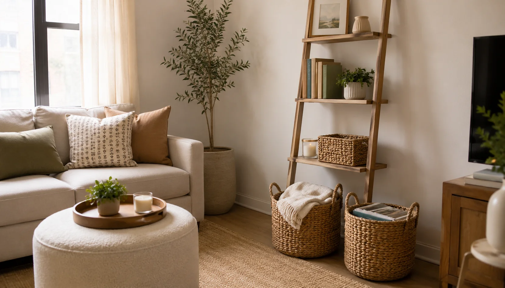 Renter friendly storage solutions including baskets rope ladder shelf and ottomans