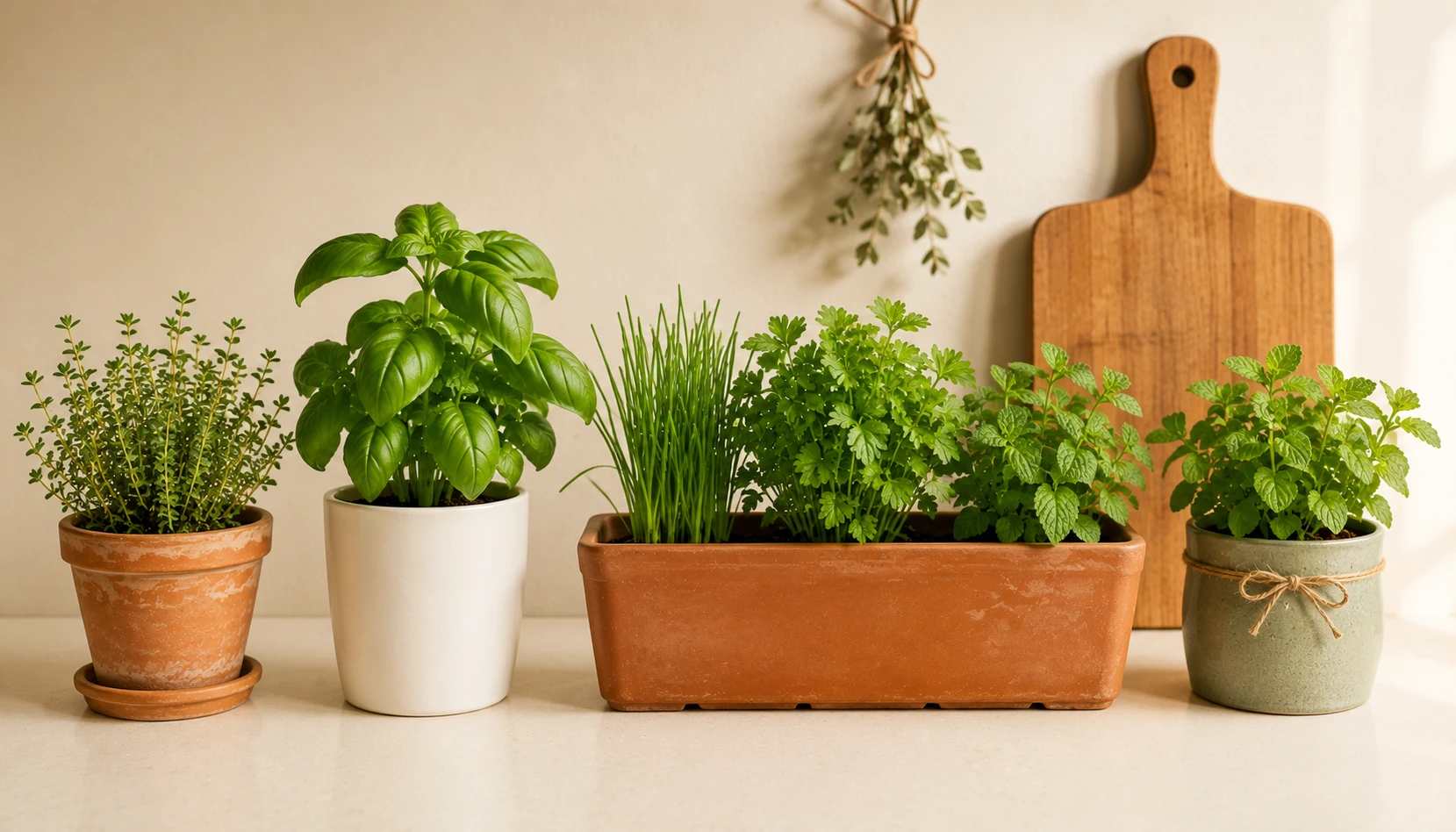 Various container options for apartment herb garden including terracotta, ceramic and window boxes