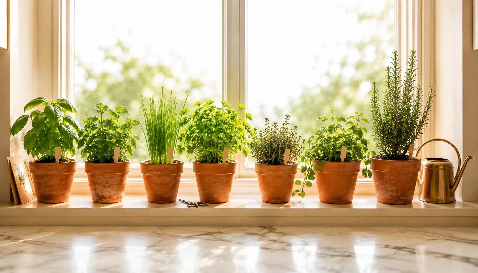 Beautiful apartment herb garden on a kitchen windowsill with multiple herbs in terracotta pots