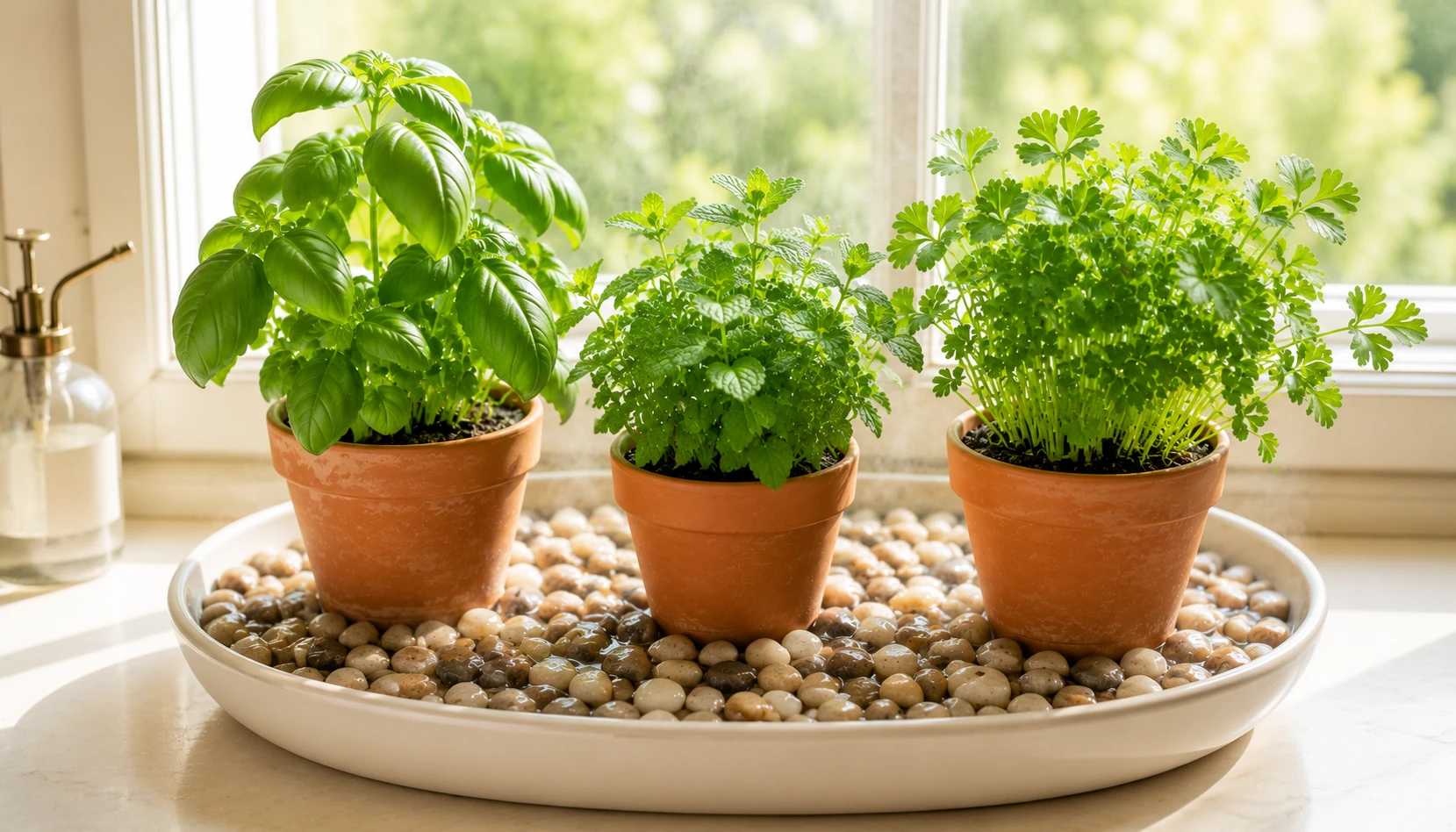Pebble tray humidity technique for indoor herb garden apartment