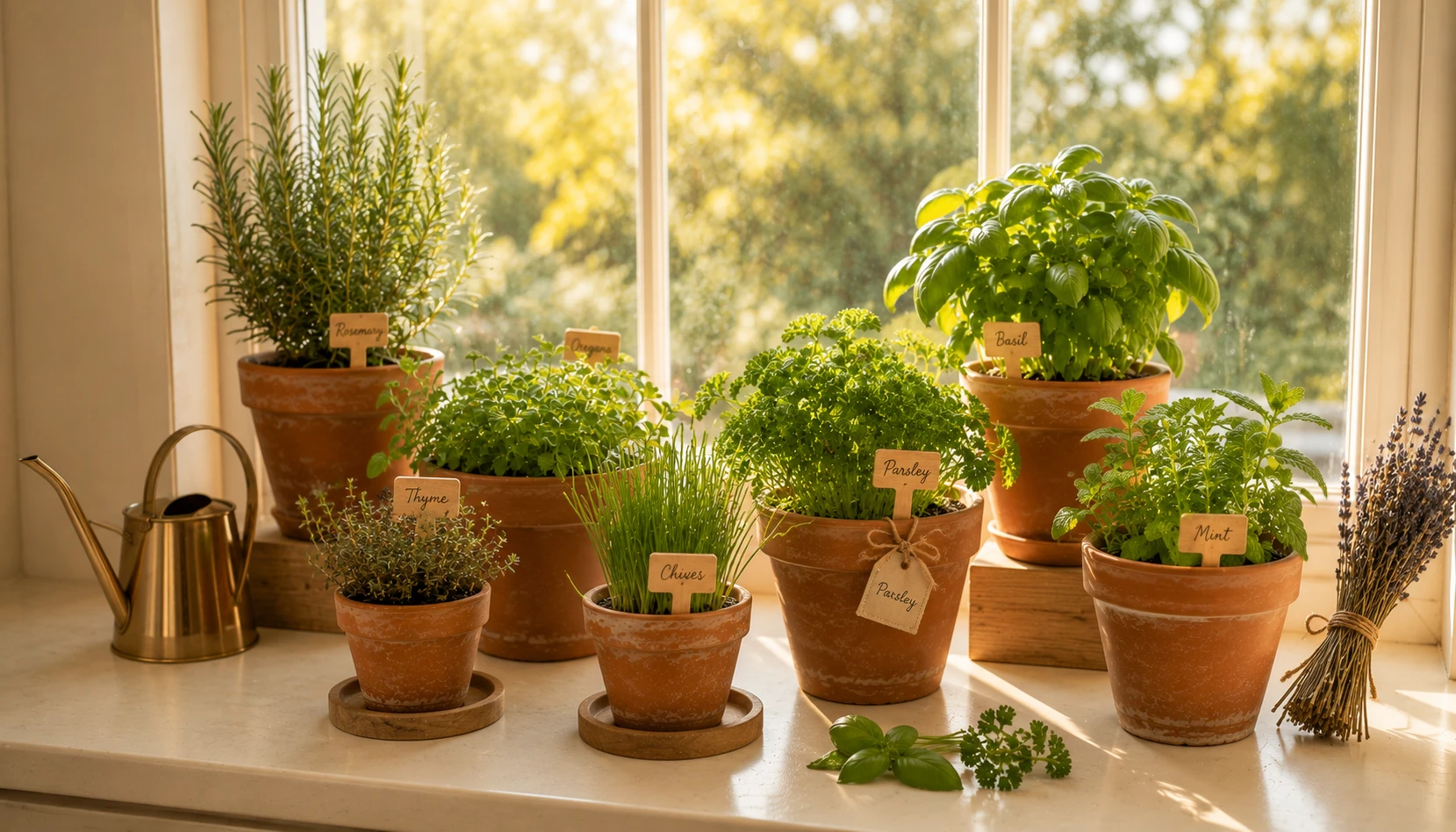 Beautifully styled apartment herb garden on kitchen windowsill with terracotta pots and wooden labels