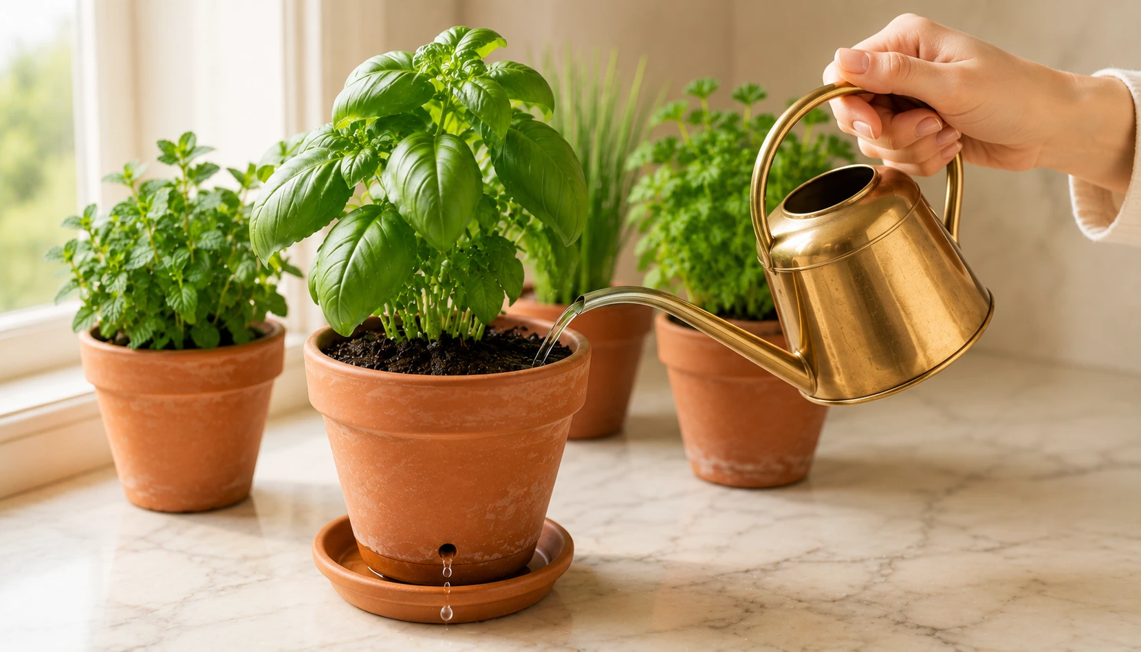 Correct watering technique for apartment herb garden pots