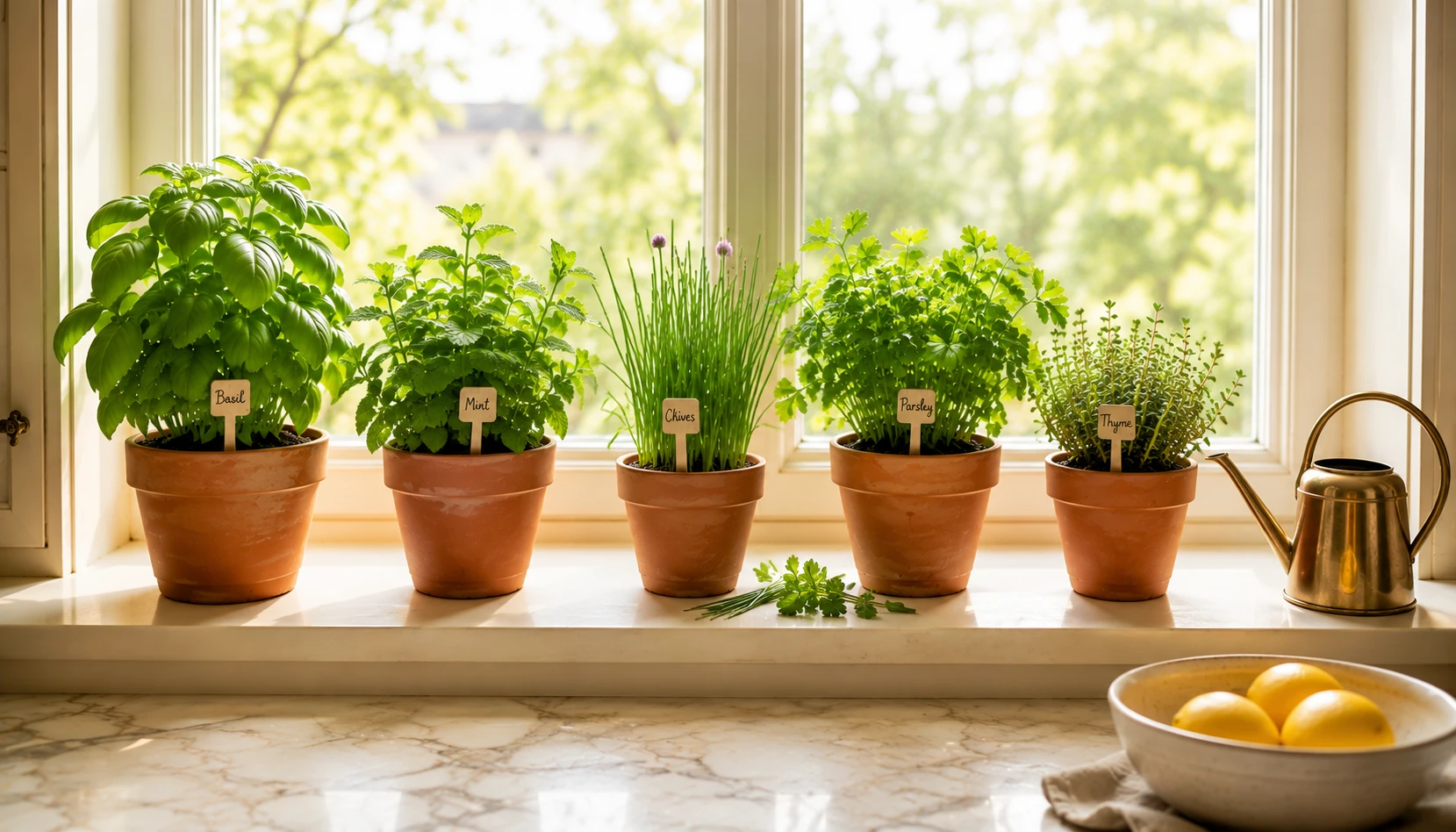 Thriving apartment herb garden on a bright kitchen windowsill