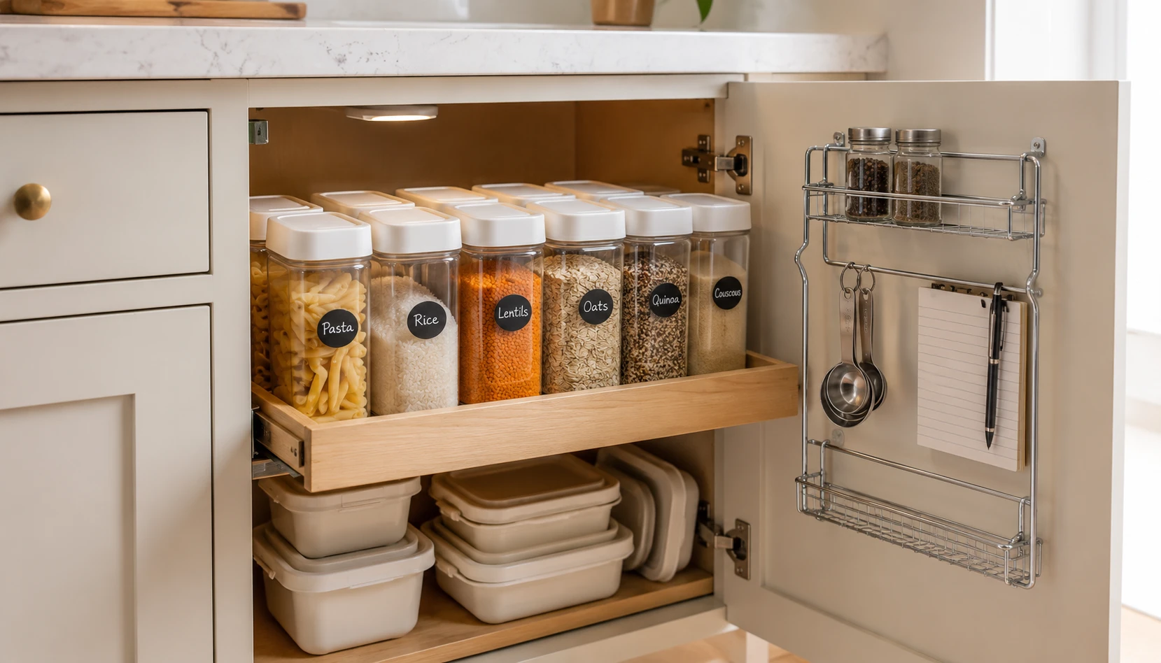 Small kitchen cabinet organisation ideas showing smart storage solutions inside cabinets